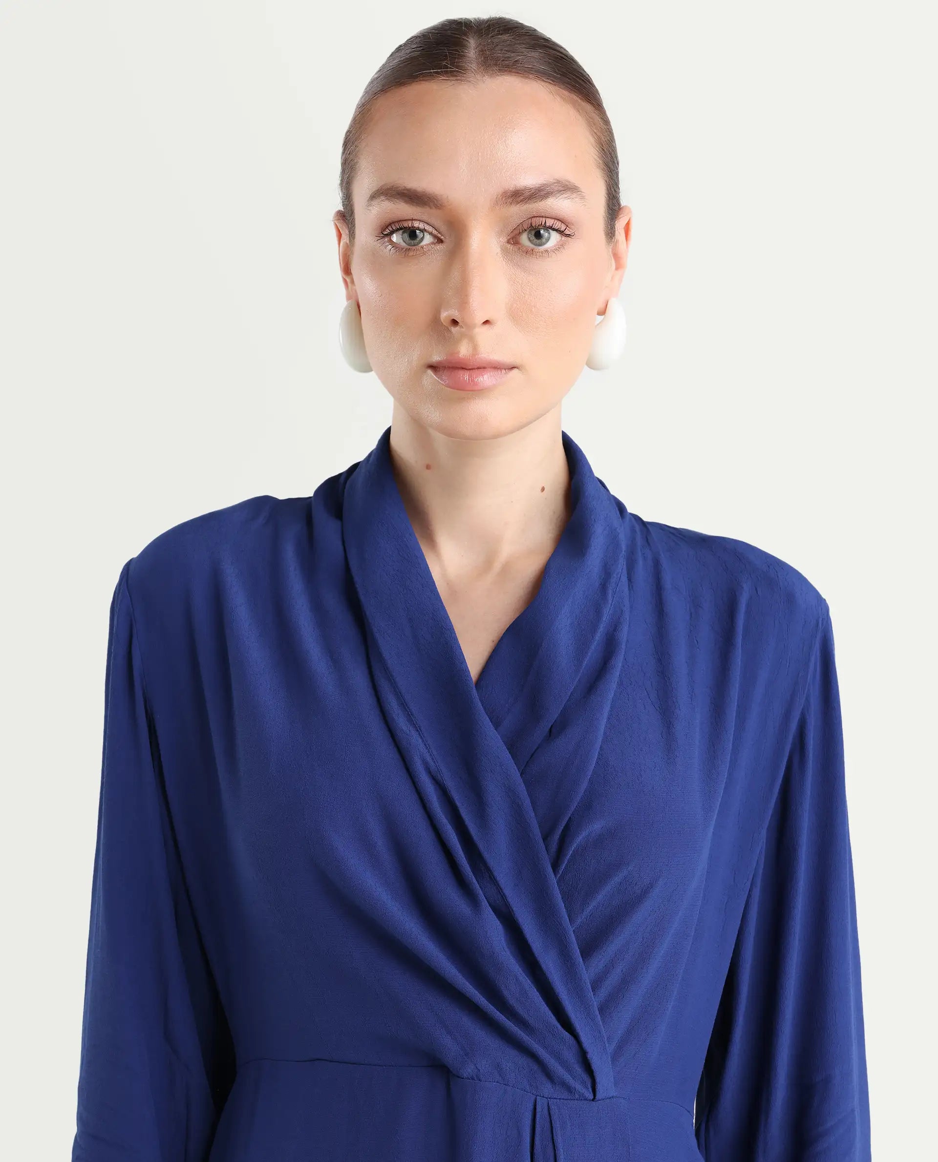 Rareism Women's Celler Flouroscent Blue Rayon Lapel Neck Plain Mini Wrap Dress