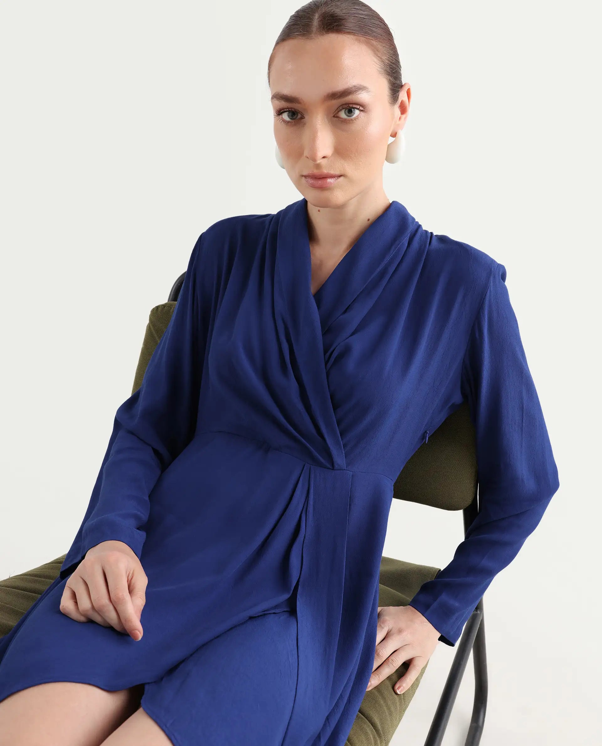 Rareism Women's Celler Flouroscent Blue Rayon Lapel Neck Plain Mini Wrap Dress