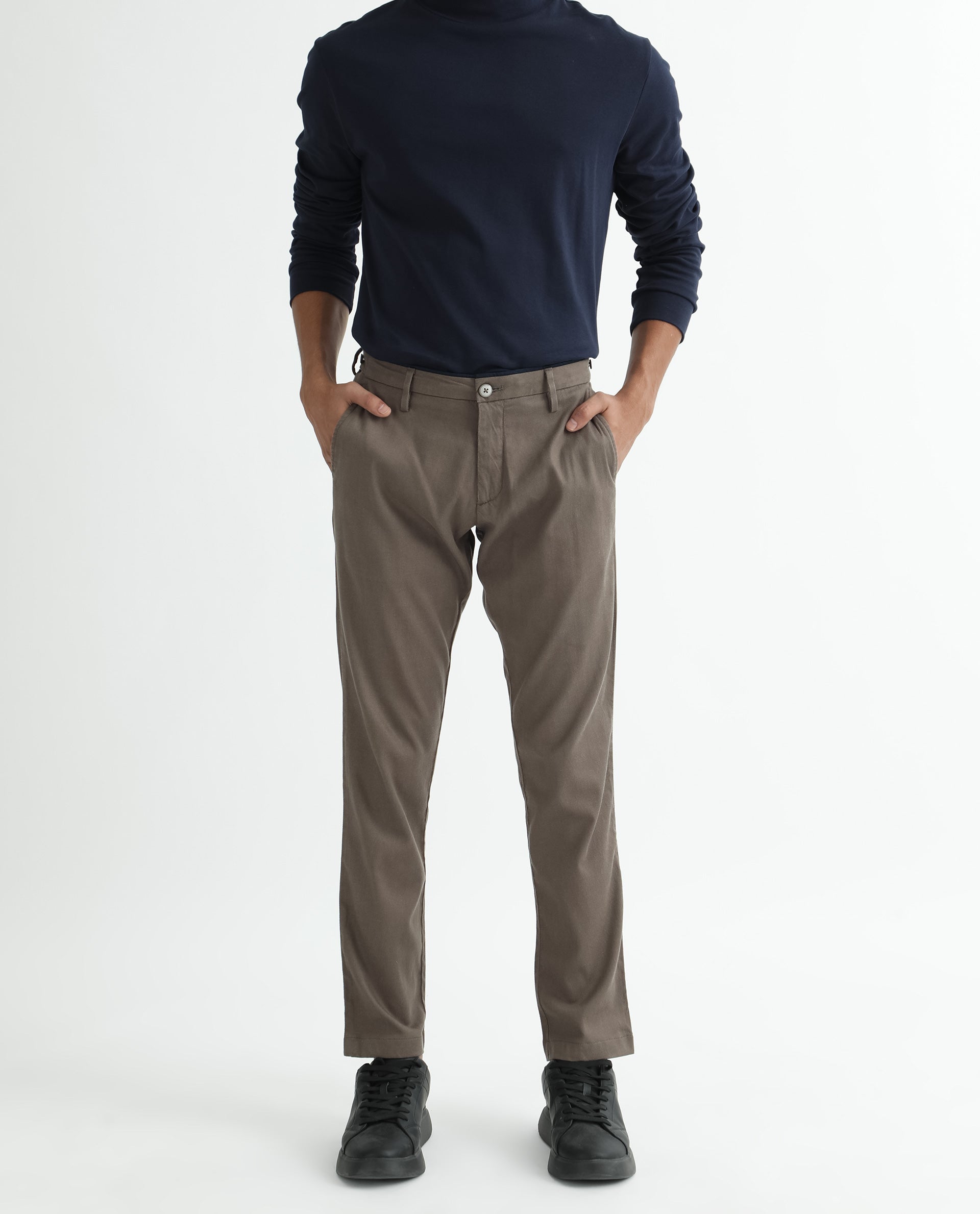 Rare Rabbit Men's Cellular Brown Solid Mid-Rise Regular Fit Twill Trouser