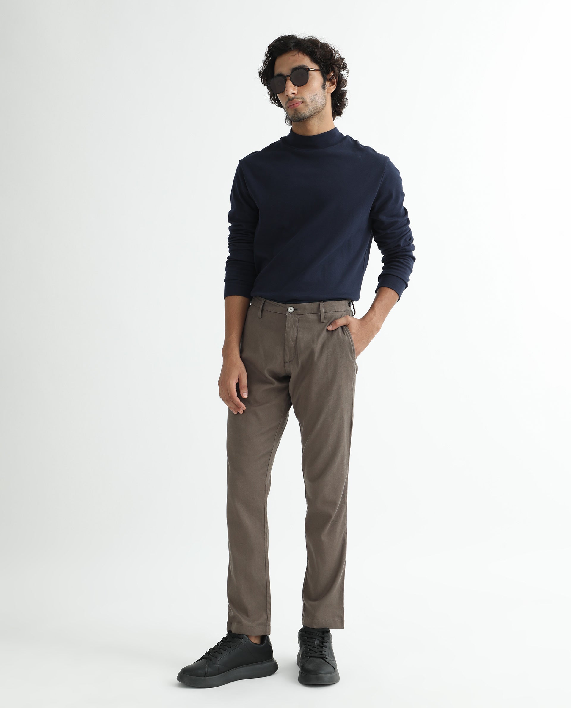 Rare Rabbit Men's Cellular Brown Solid Mid-Rise Regular Fit Twill Trouser