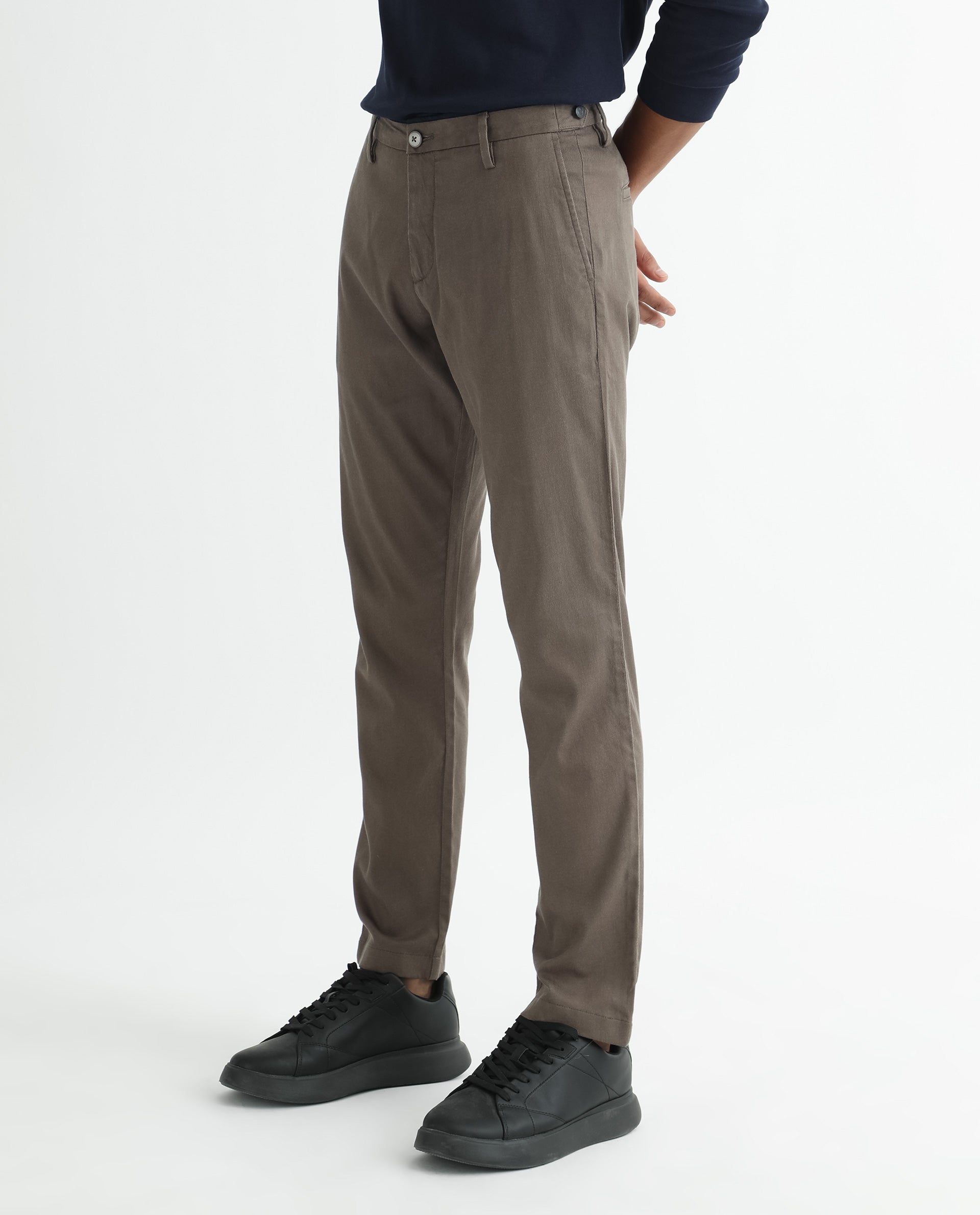 Rare Rabbit Men's Cellular Brown Solid Mid-Rise Regular Fit Twill Trouser