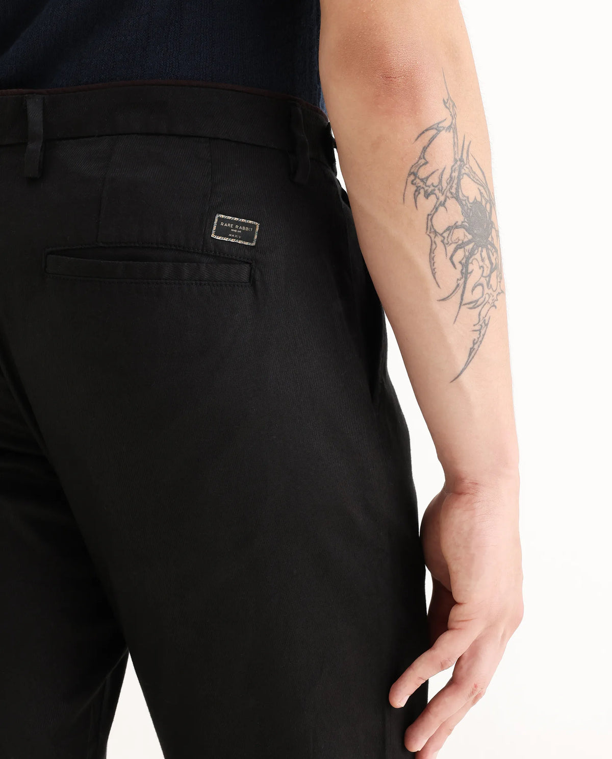 Rare Rabbit Men's Cellular Black Cotton Plain Regular Fit Trouser