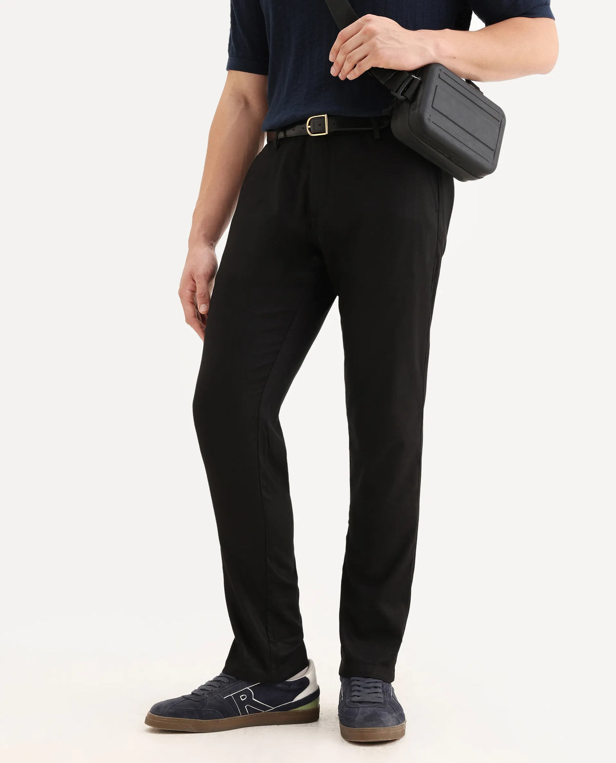 Rare Rabbit Men's Cellular Black Cotton Plain Regular Fit Trouser