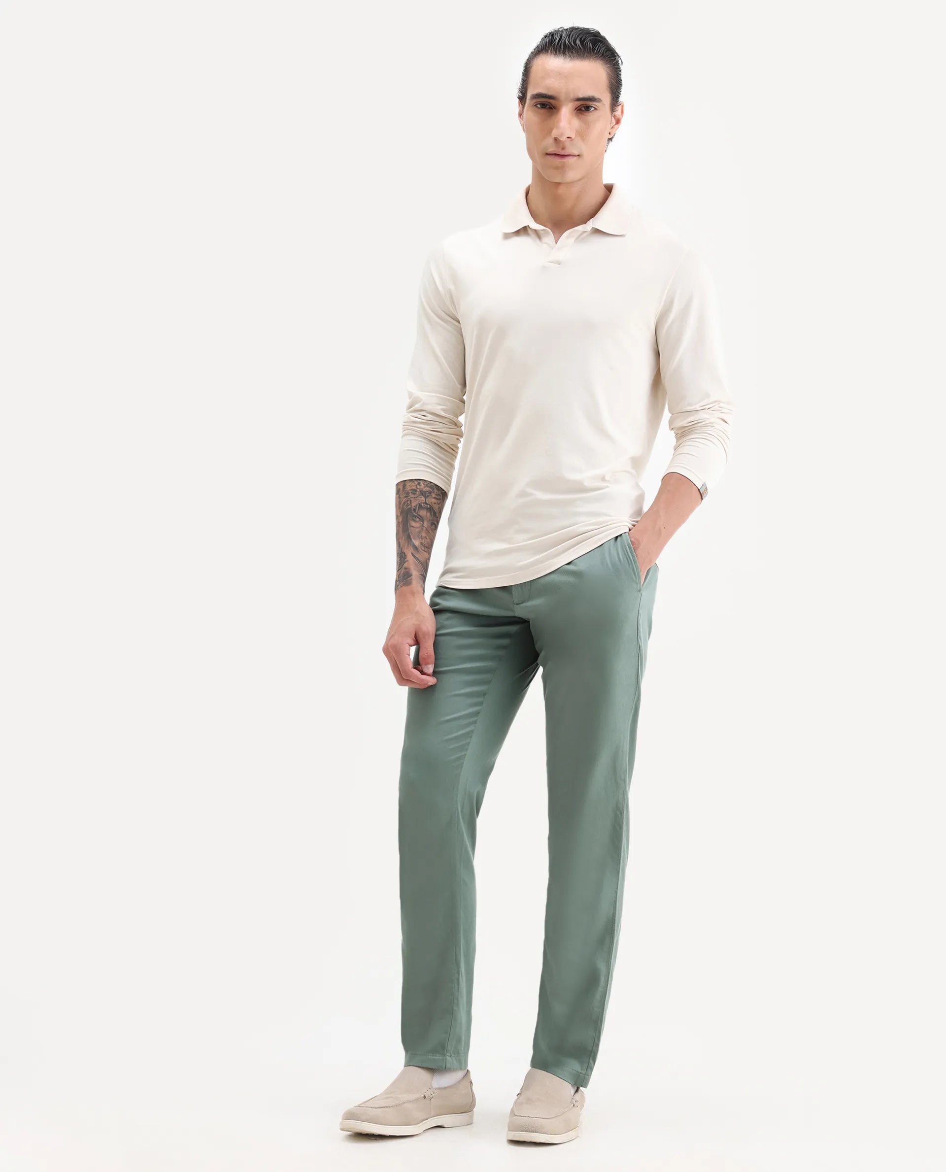 Rare Rabbit Men's Cellular Green Cotton Plain Regular Fit Trouser