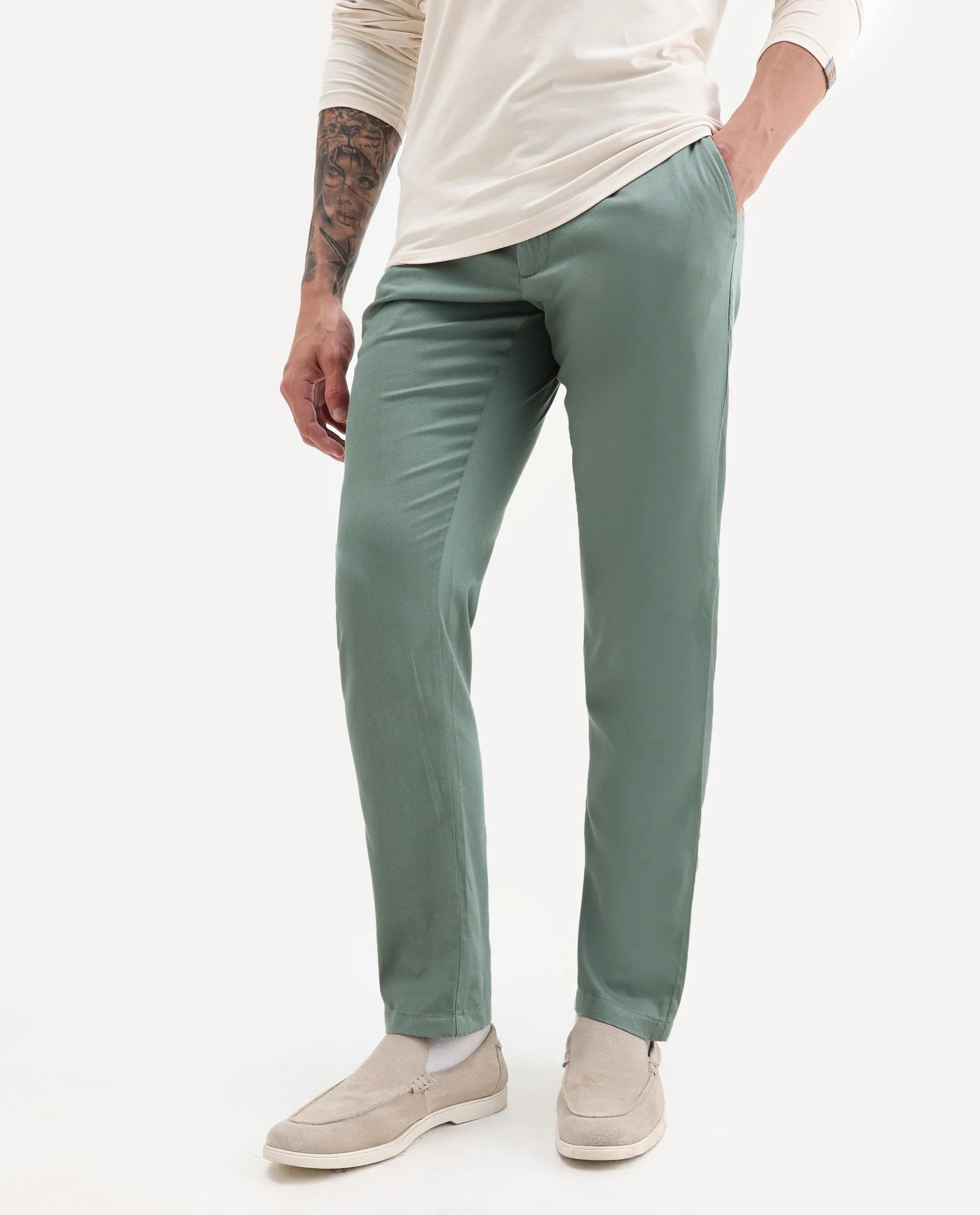 Rare Rabbit Men's Cellular Green Cotton Plain Regular Fit Trouser