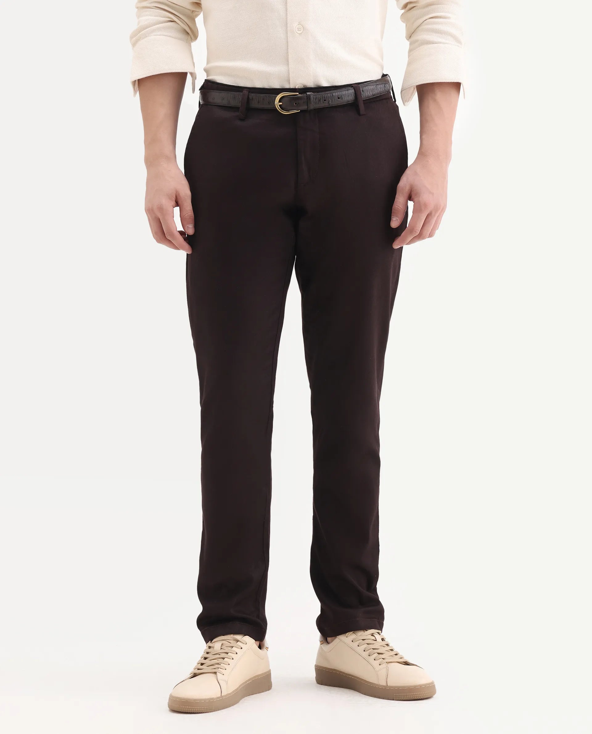 Rare Rabbit Men's Cellular Maroon Cotton Plain Regular Fit Trouser