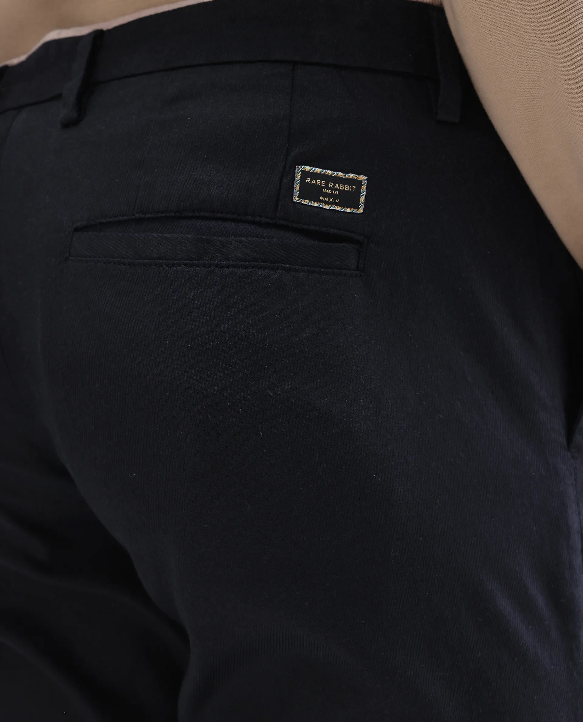 Rare Rabbit Men's Cellular Navy Cotton Plain Regular Fit Trouser