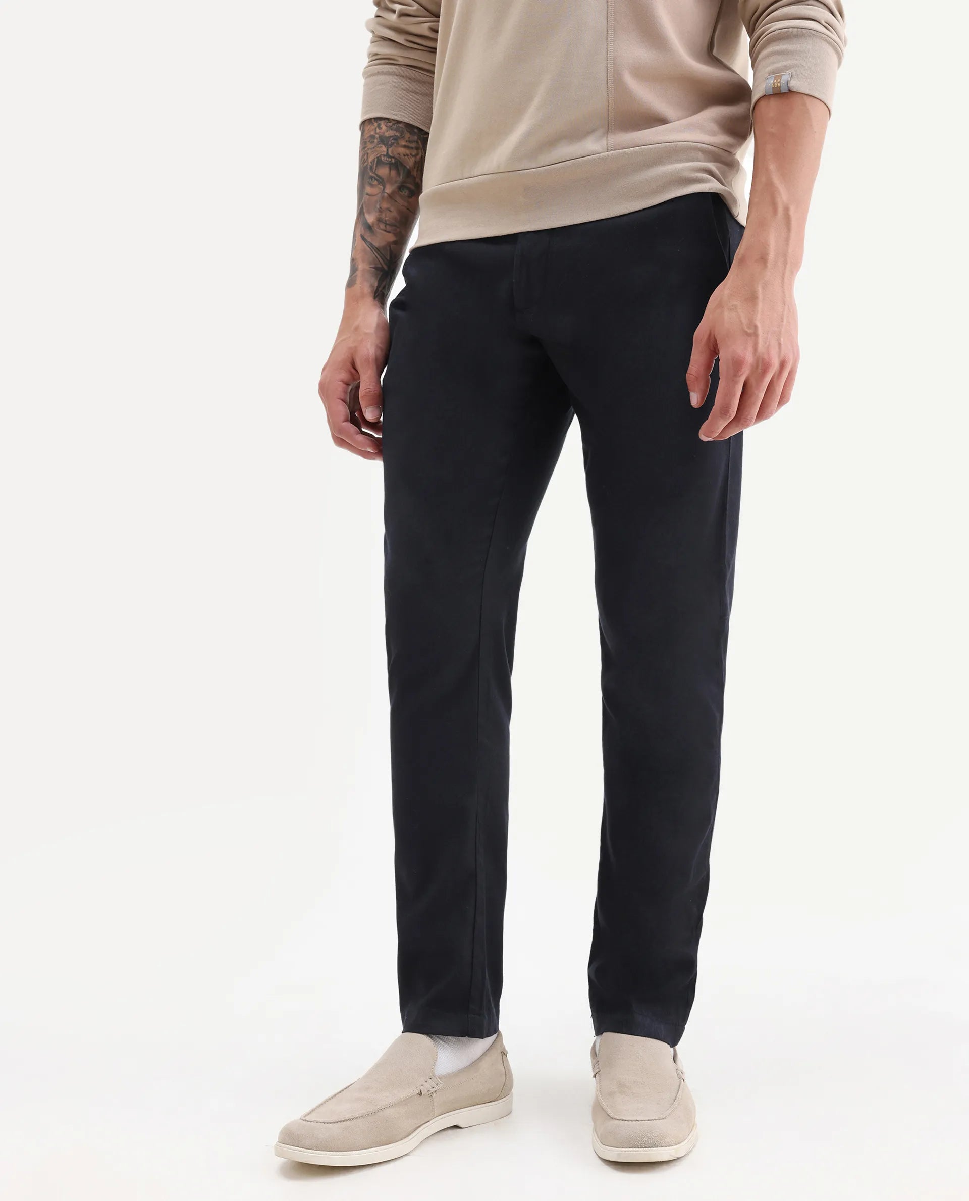 Rare Rabbit Men's Cellular Navy Cotton Plain Regular Fit Trouser