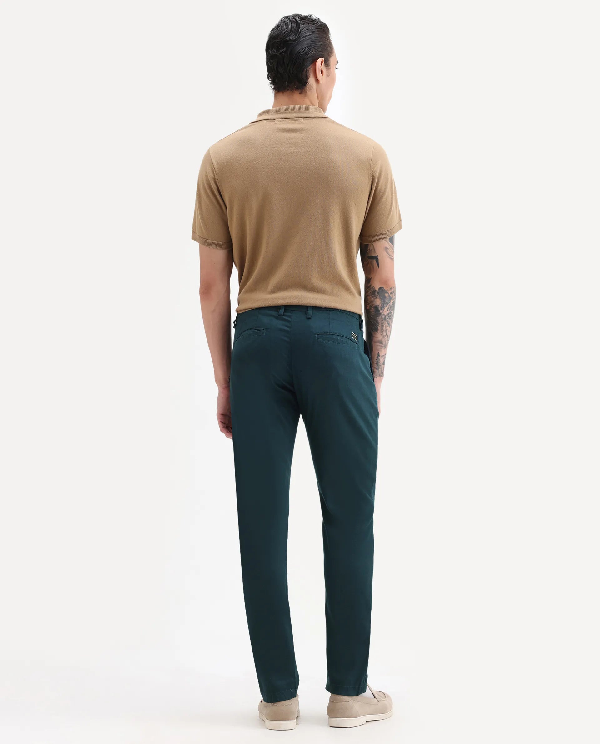 Rare Rabbit Men's Cellular Petrol Cotton Plain Regular Fit Trouser