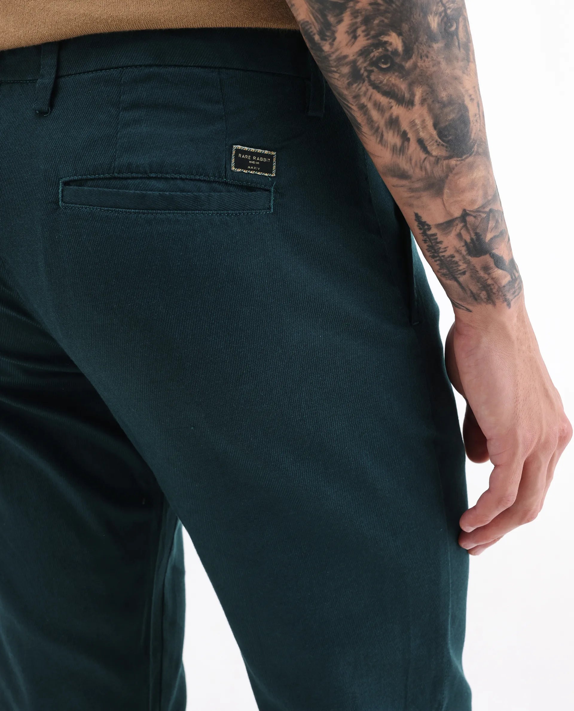 Rare Rabbit Men's Cellular Petrol Cotton Plain Regular Fit Trouser