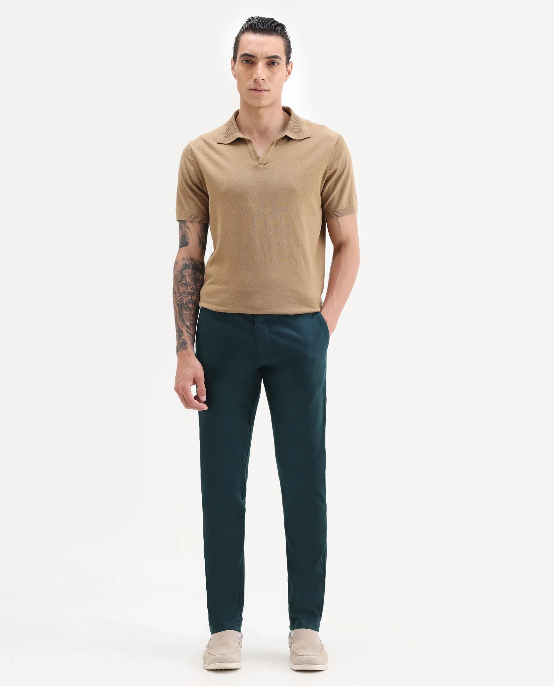 Rare Rabbit Men's Cellular Petrol Cotton Plain Regular Fit Trouser