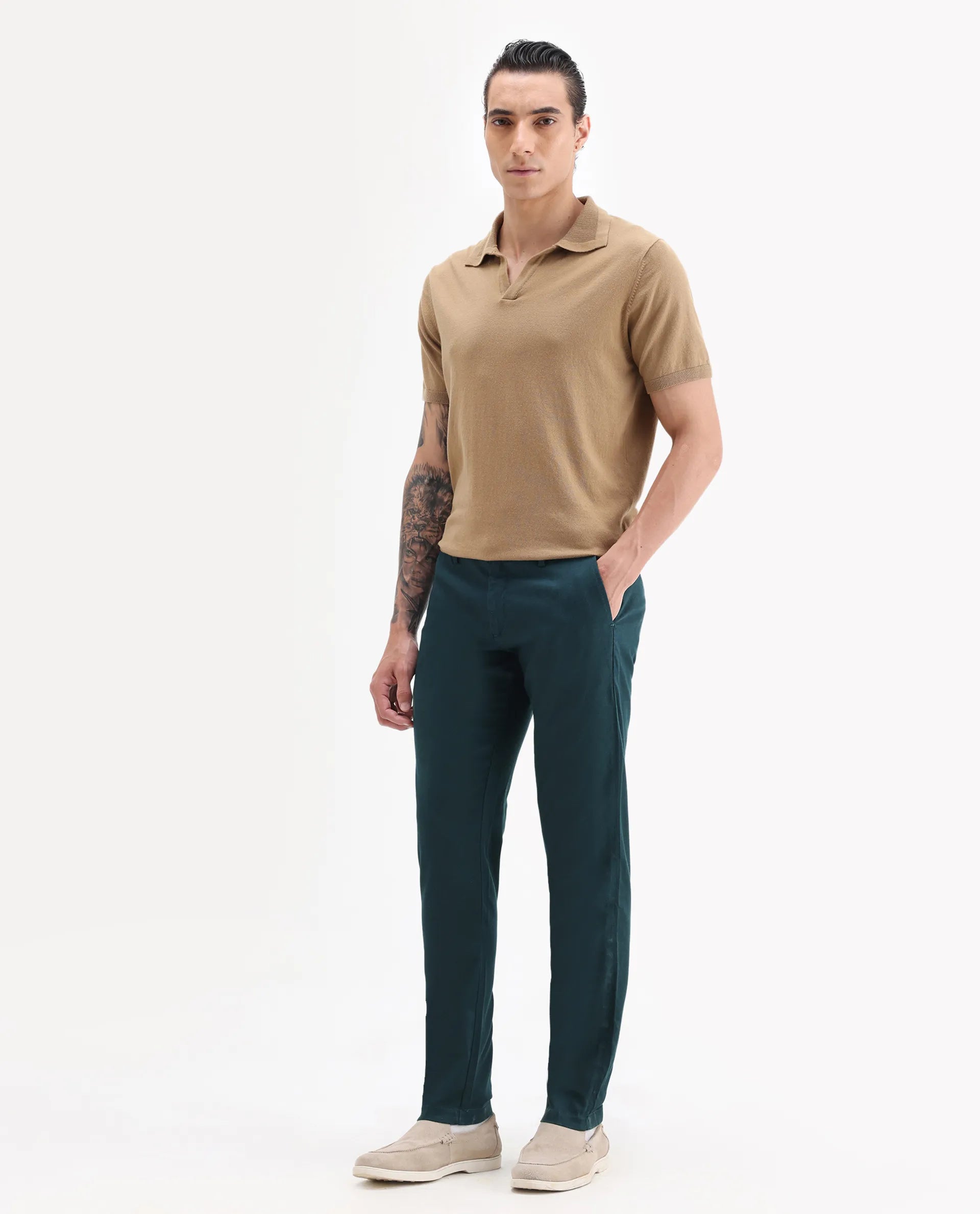 Rare Rabbit Men's Cellular Petrol Cotton Plain Regular Fit Trouser