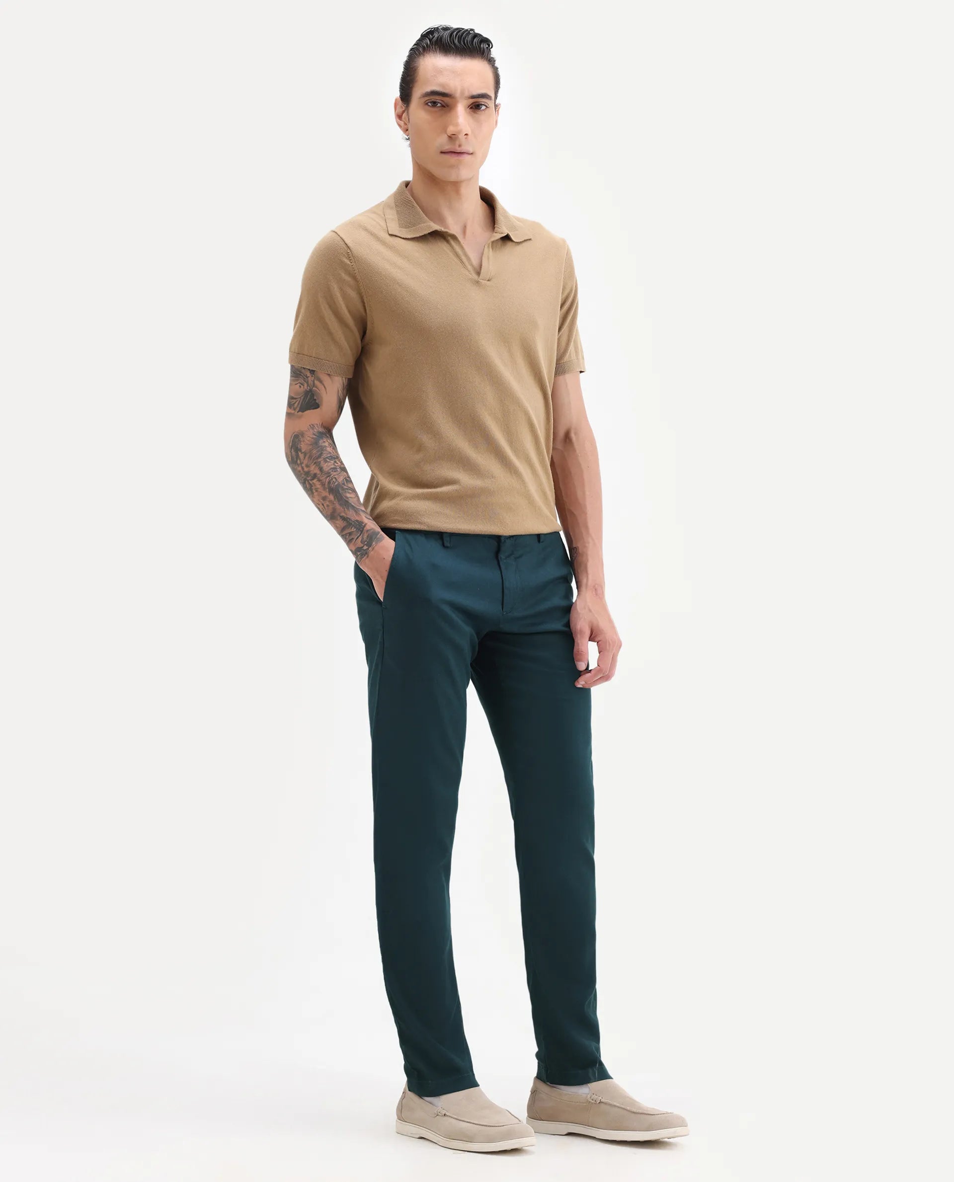 Rare Rabbit Men's Cellular Petrol Cotton Plain Regular Fit Trouser