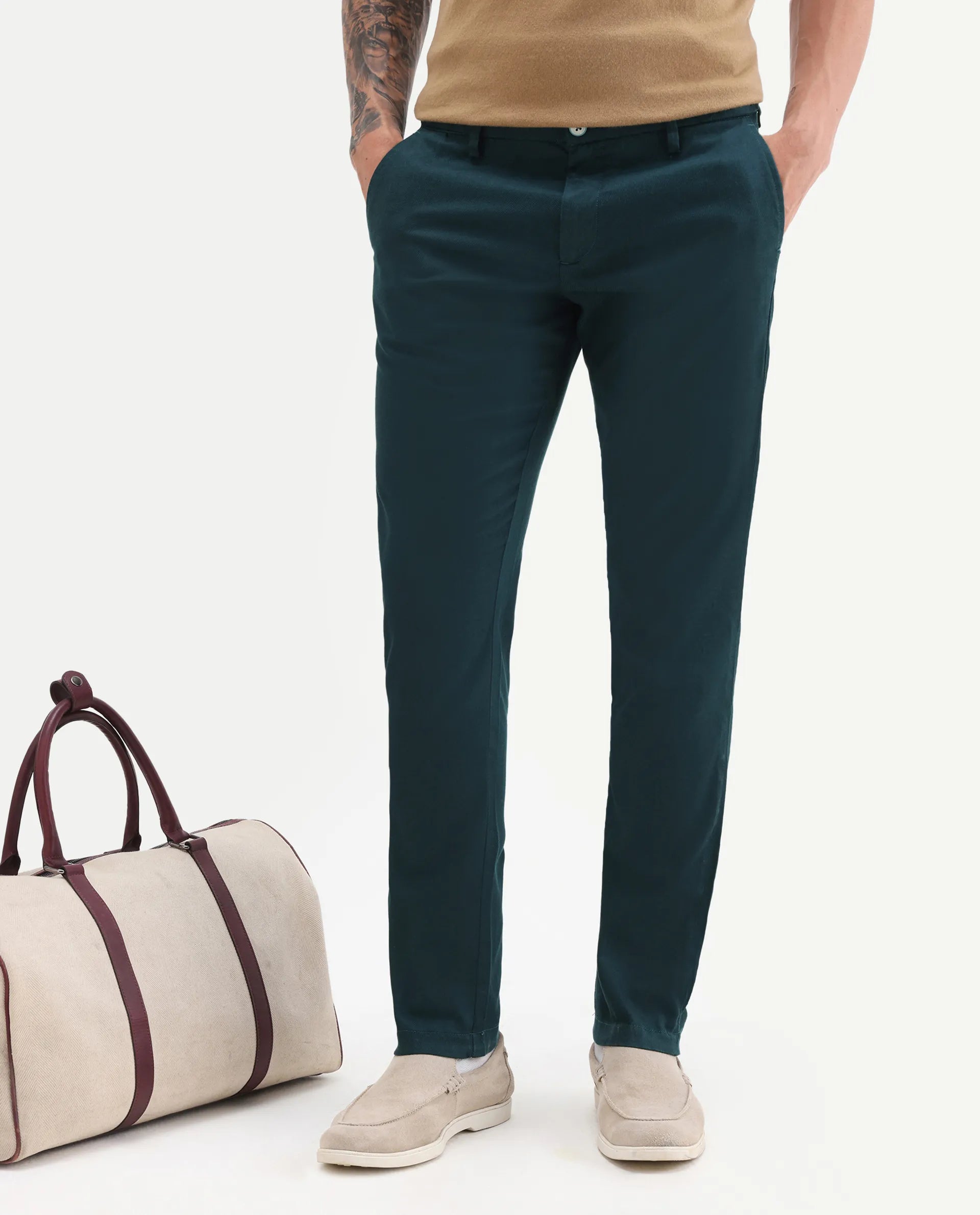 Rare Rabbit Men's Cellular Petrol Cotton Plain Regular Fit Trouser