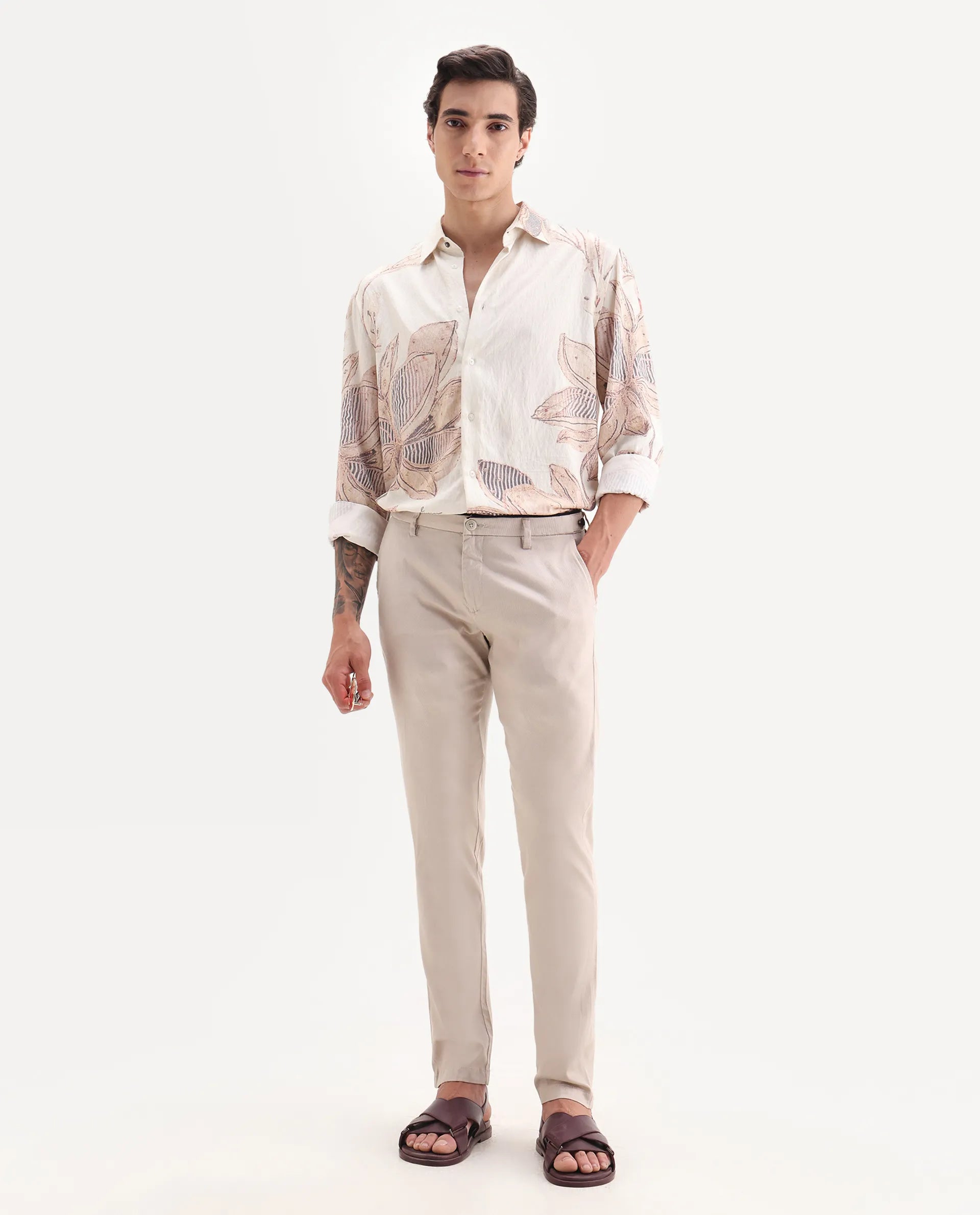 Rare Rabbit Men's Cellular Light Pink Cotton Plain Regular Fit Trouser