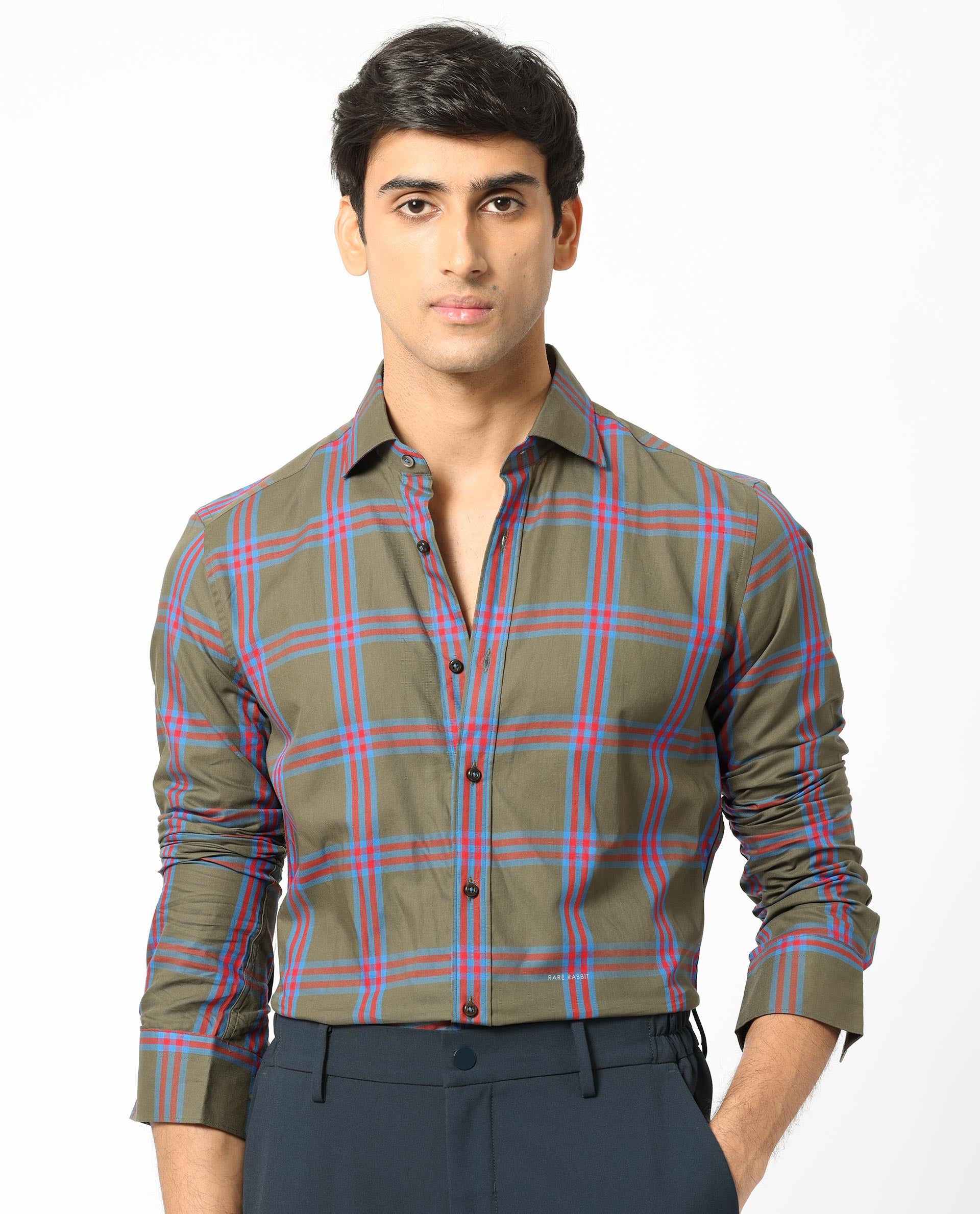 Rare Rabbit Men's Celluls Olive Cotton Fabric Full Sleeves Checks Shirt