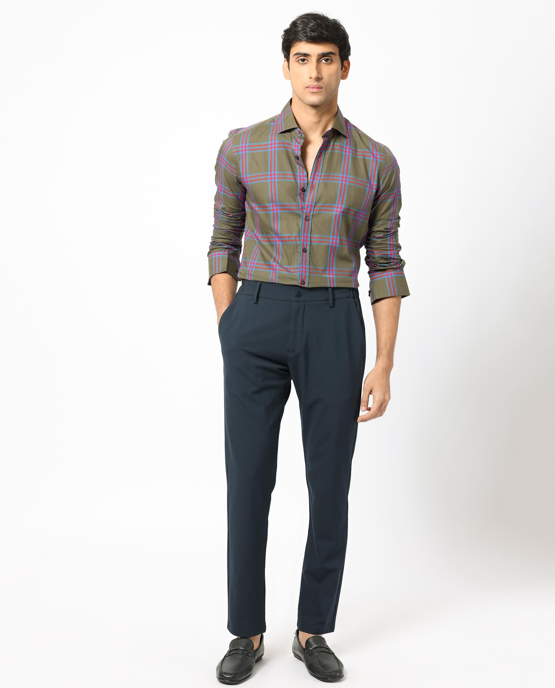 Rare Rabbit Men's Celluls Olive Cotton Fabric Full Sleeves Checks Shirt