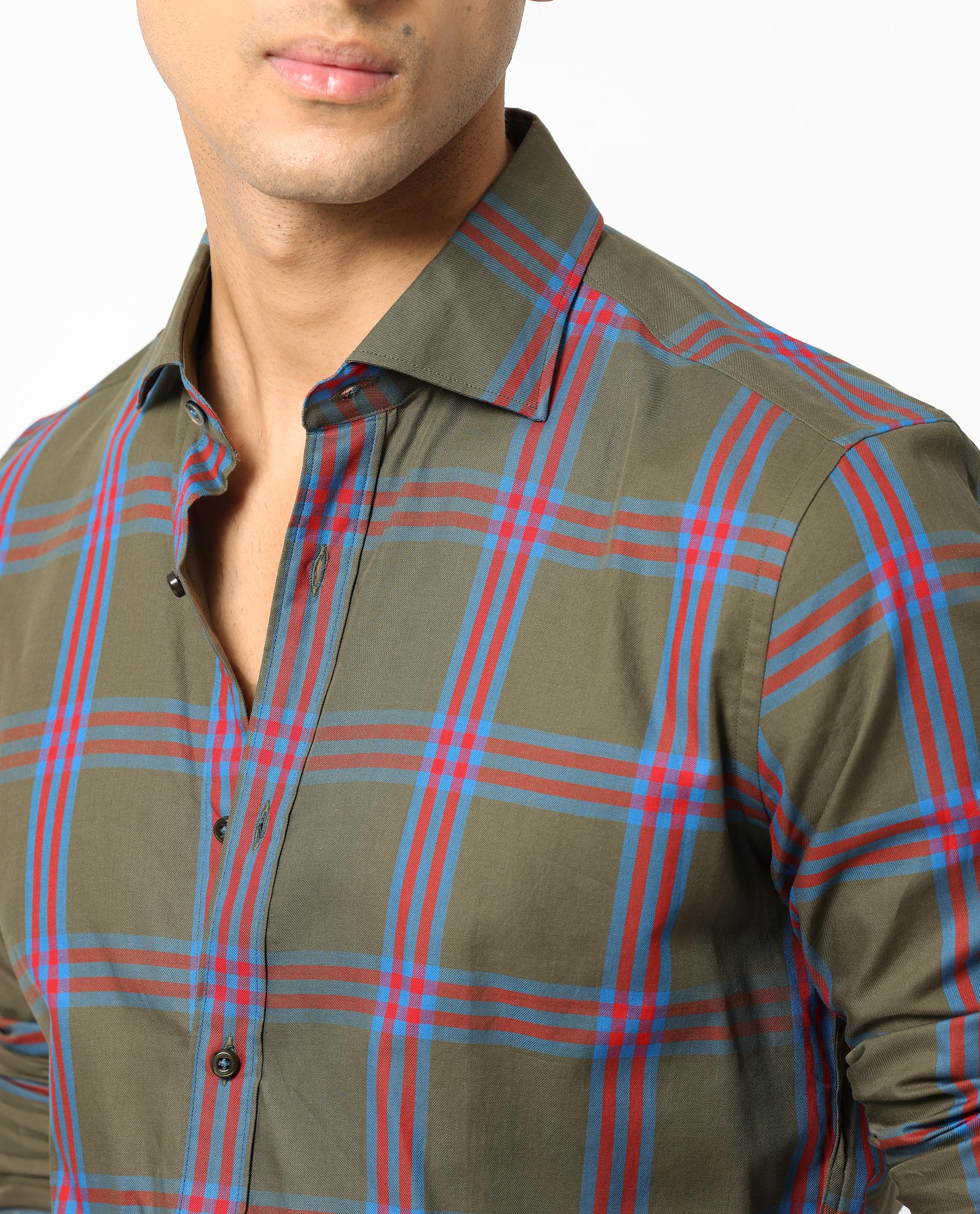 Rare Rabbit Men's Celluls Olive Cotton Fabric Full Sleeves Checks Shirt