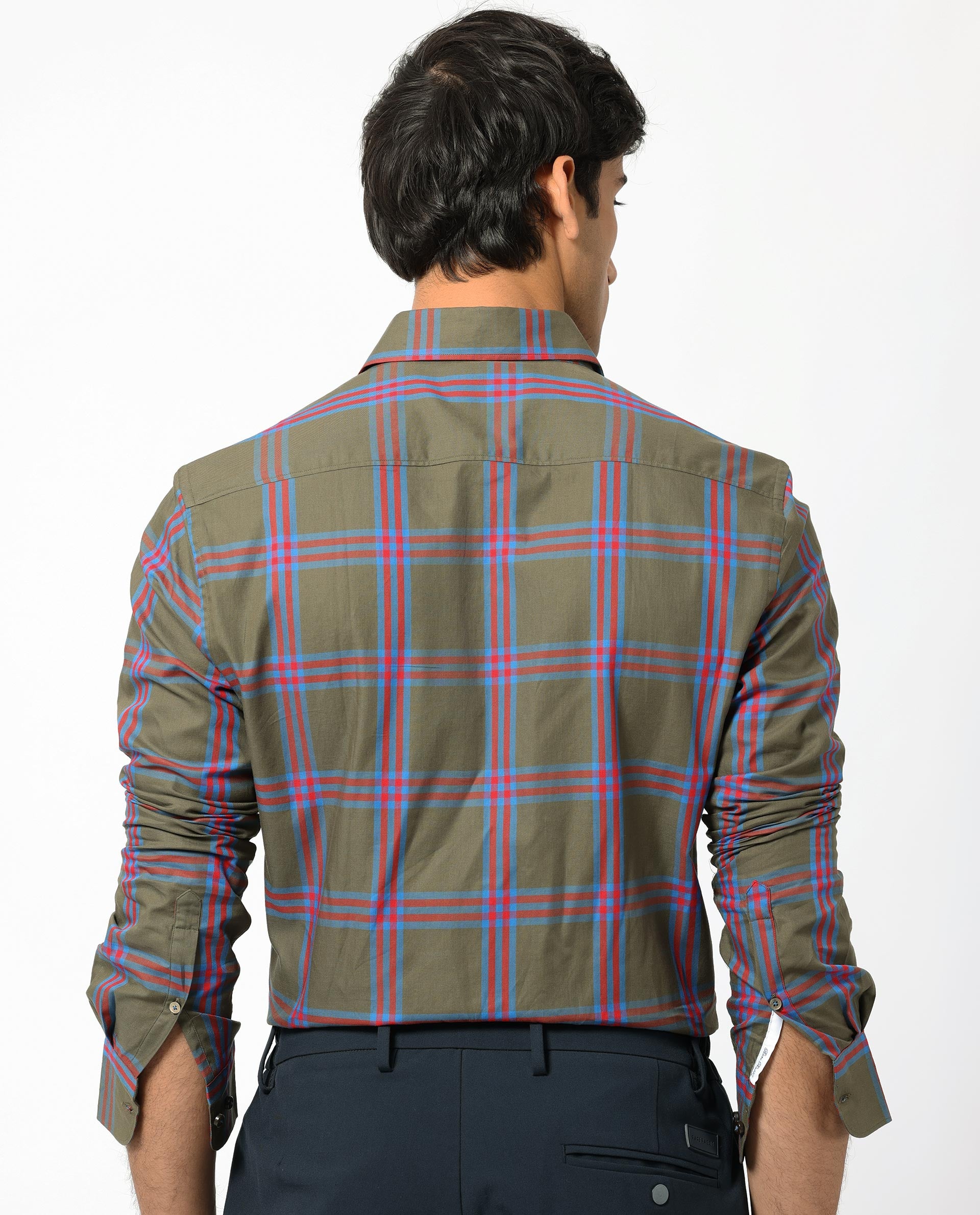 Rare Rabbit Men's Celluls Olive Cotton Fabric Full Sleeves Checks Shirt