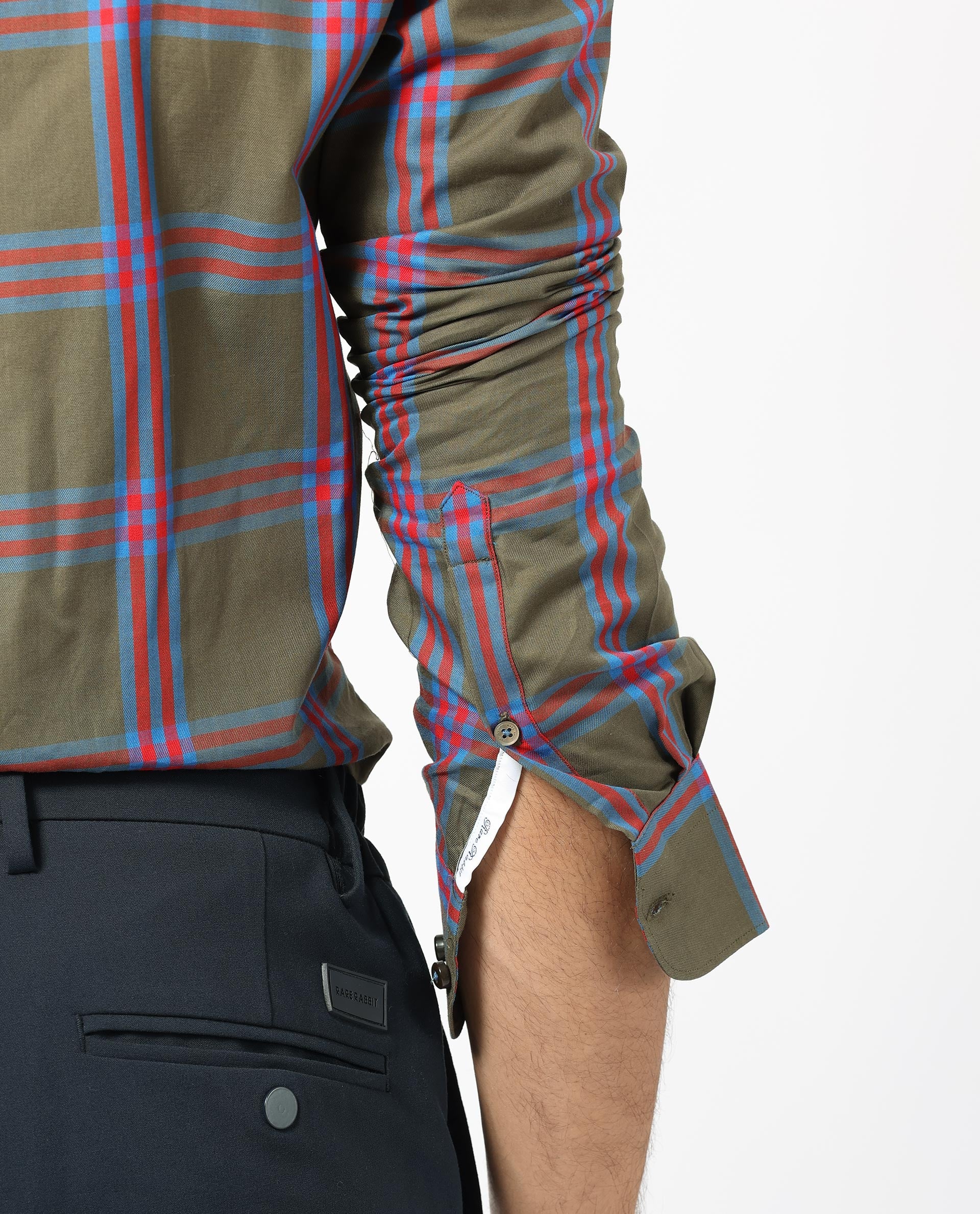 Rare Rabbit Men's Celluls Olive Cotton Fabric Full Sleeves Checks Shirt