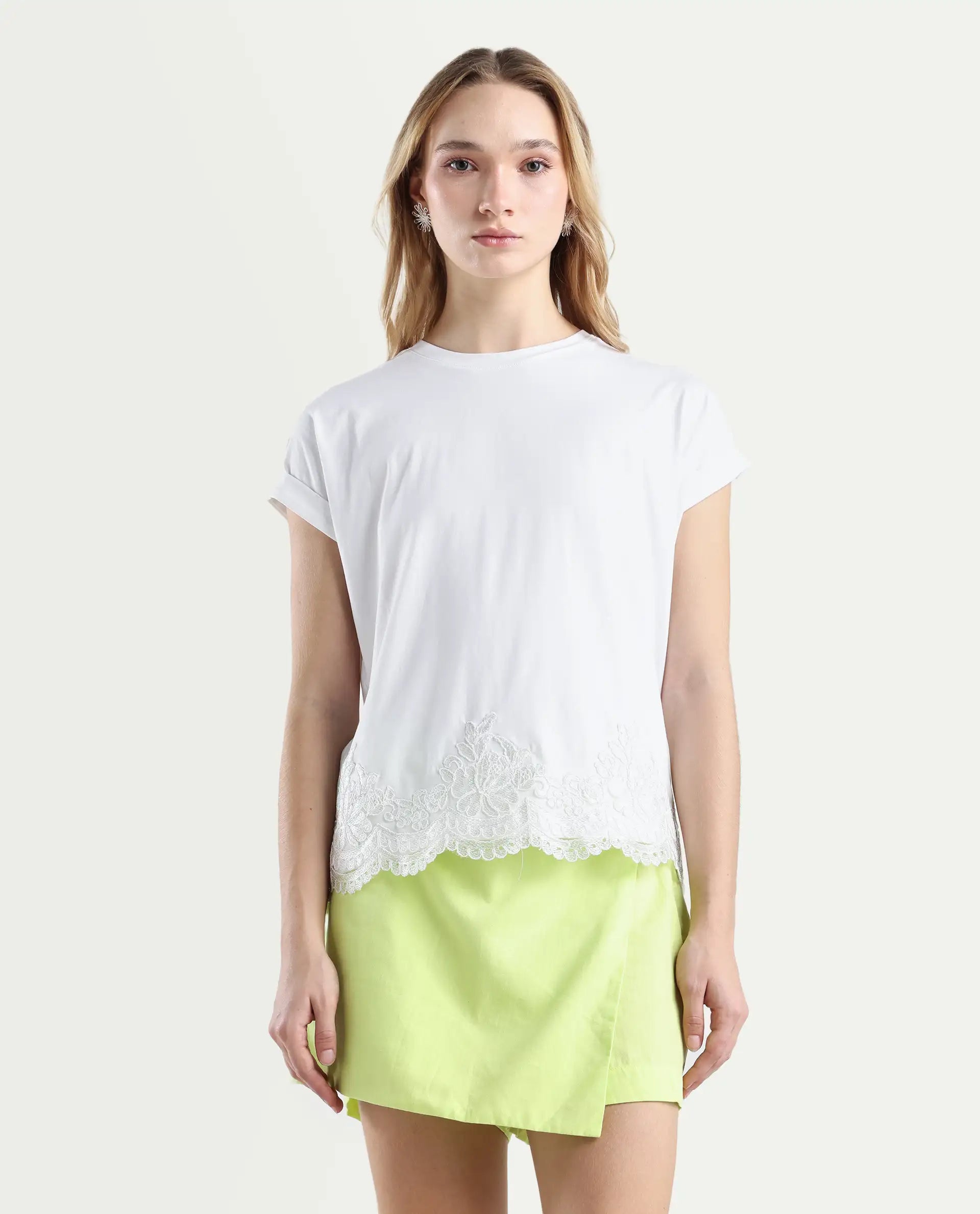 Rareism Women's Celo White Cotton Blend Crew Neck Regular Fit T-Shirt