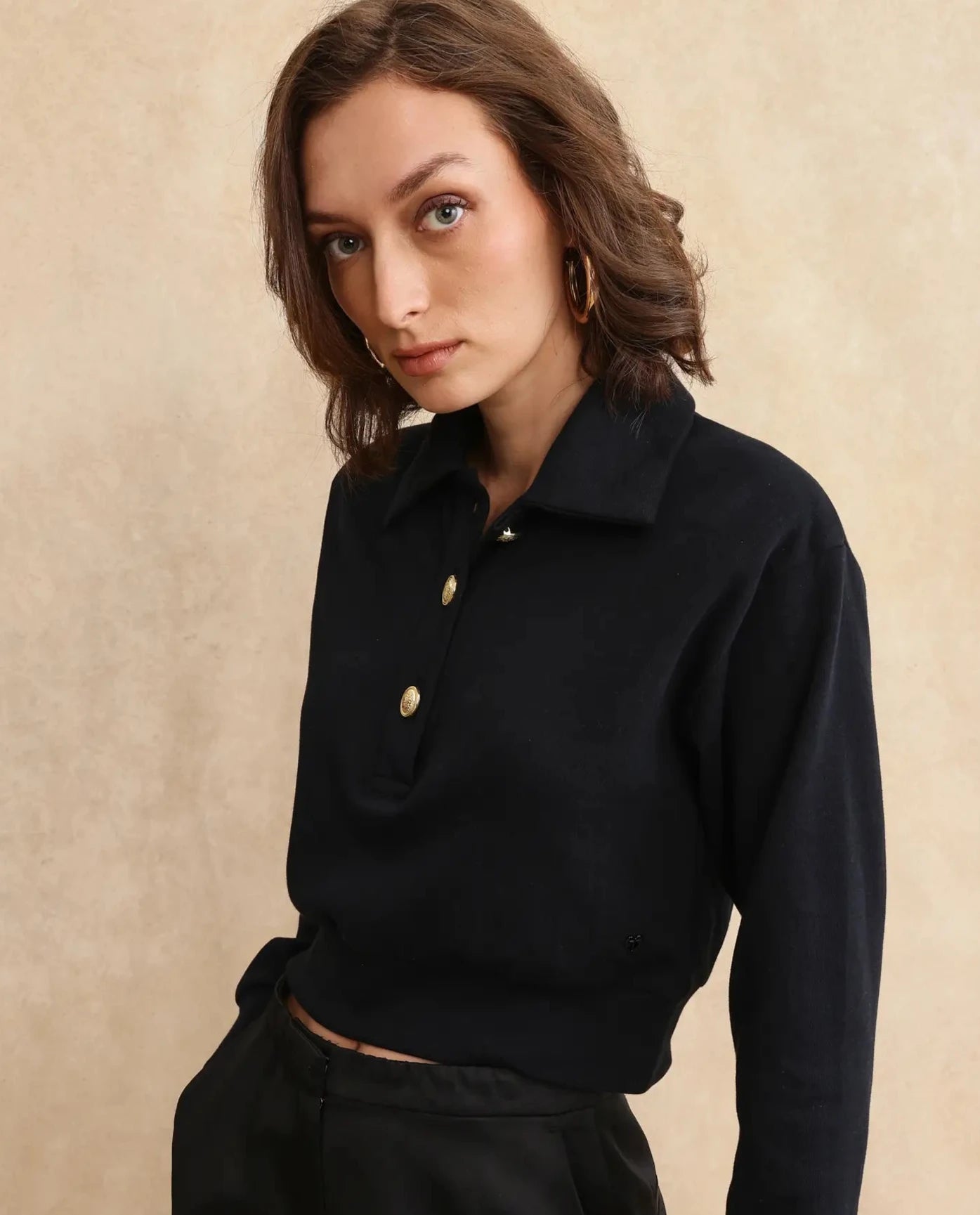 Rareism Women Celtik Black Cotton Blend Fabric Full Sleeve Collared Neck Button Closure Relaxed Fit Cropped Plain Sweatshirt