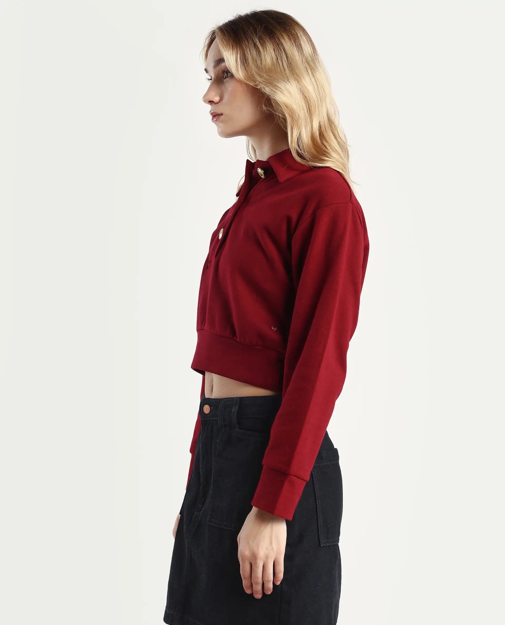 Rareism Women's Celtik Maroon Cotton Blend Drop Collar Plain Crop Relaxed Fit Sweatshirt