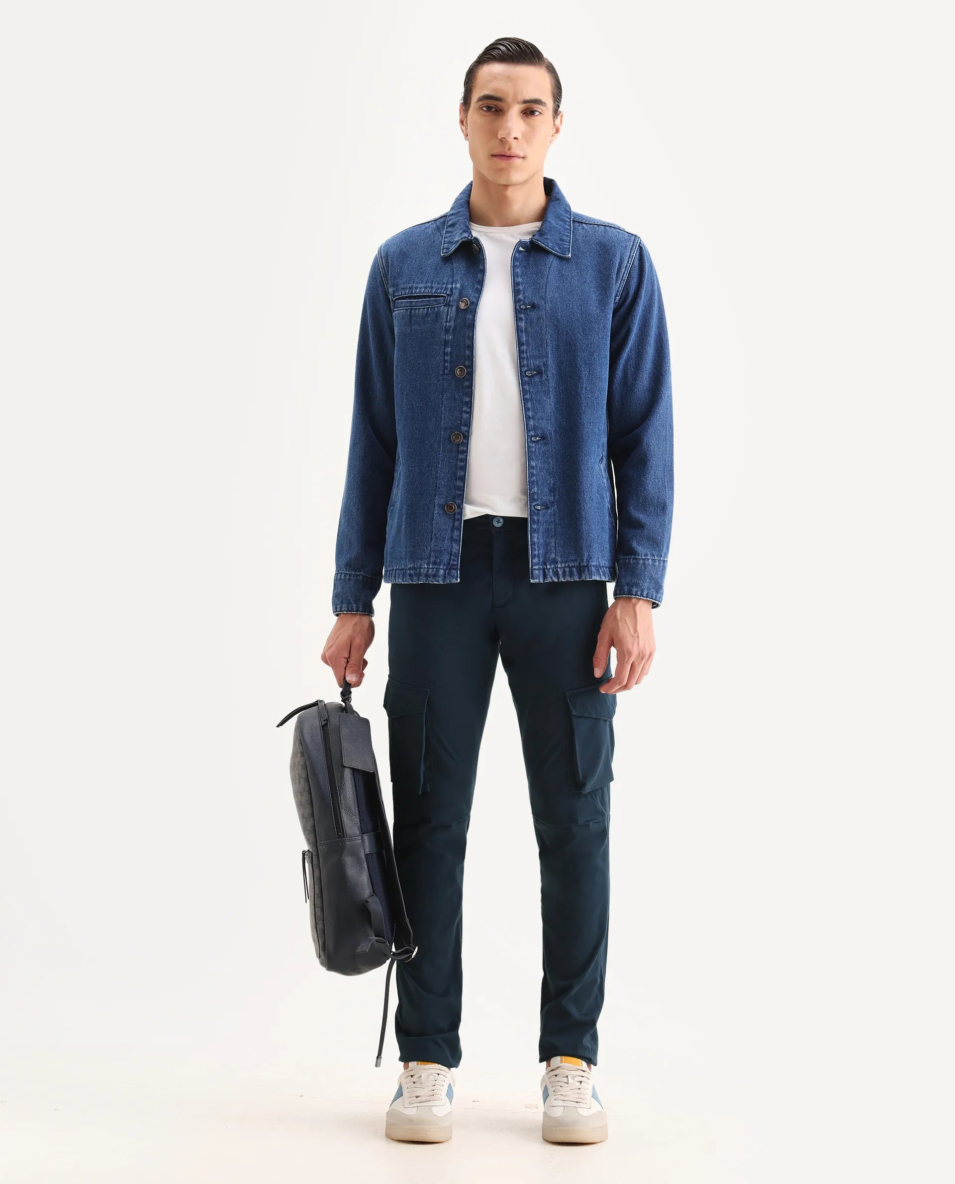 Rare Rabbit Men's Celu Navy Cotton Plain Slim Fit Trouser