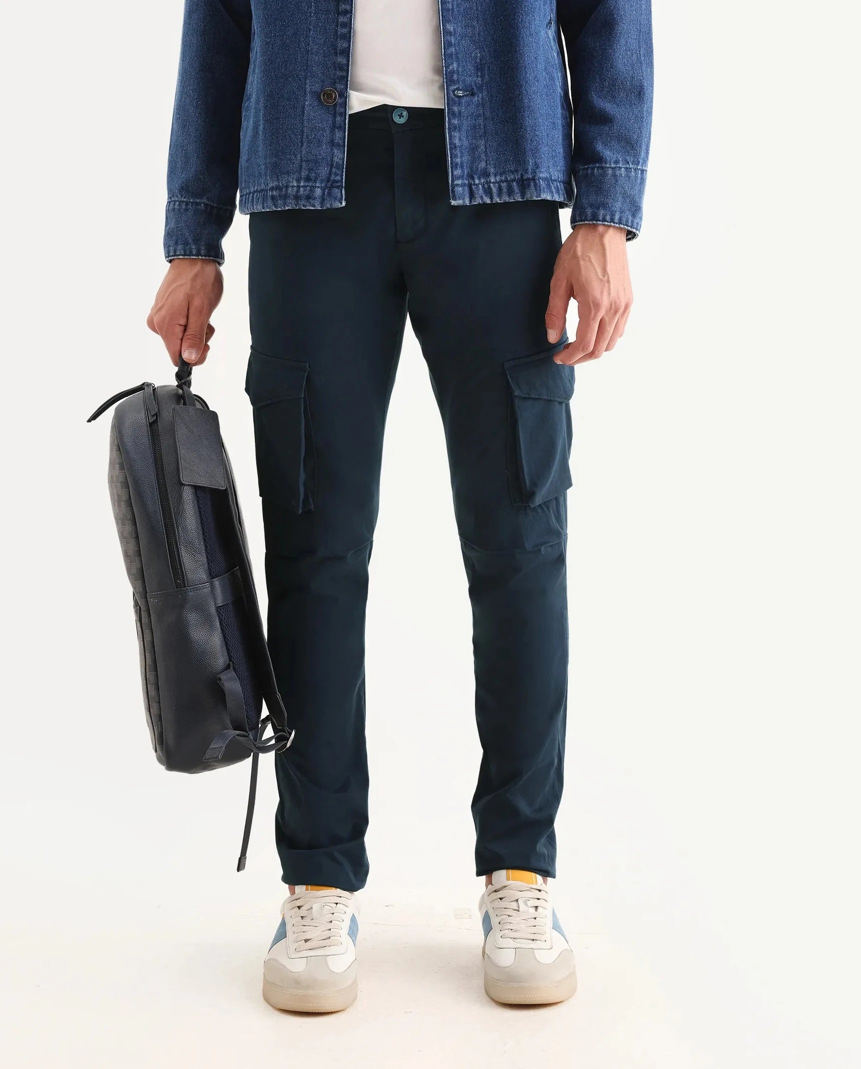 Rare Rabbit Men's Celu Navy Cotton Plain Slim Fit Trouser