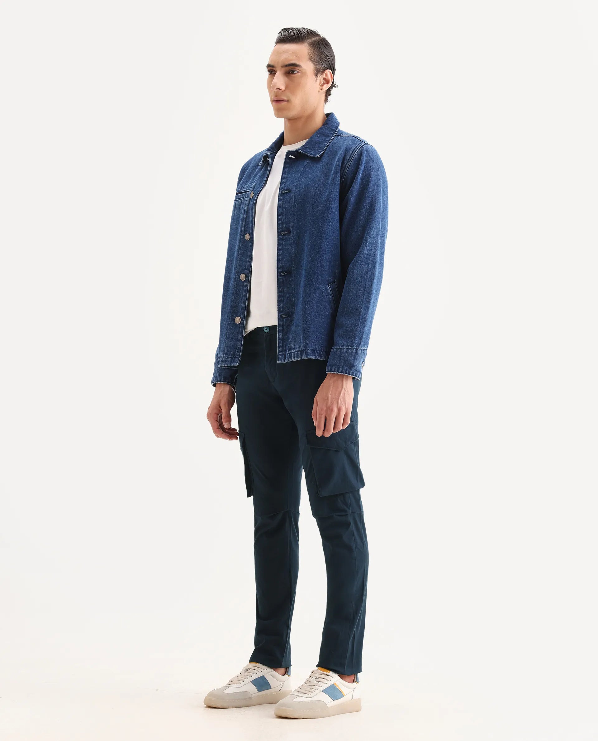 Rare Rabbit Men's Celu Navy Cotton Plain Slim Fit Trouser