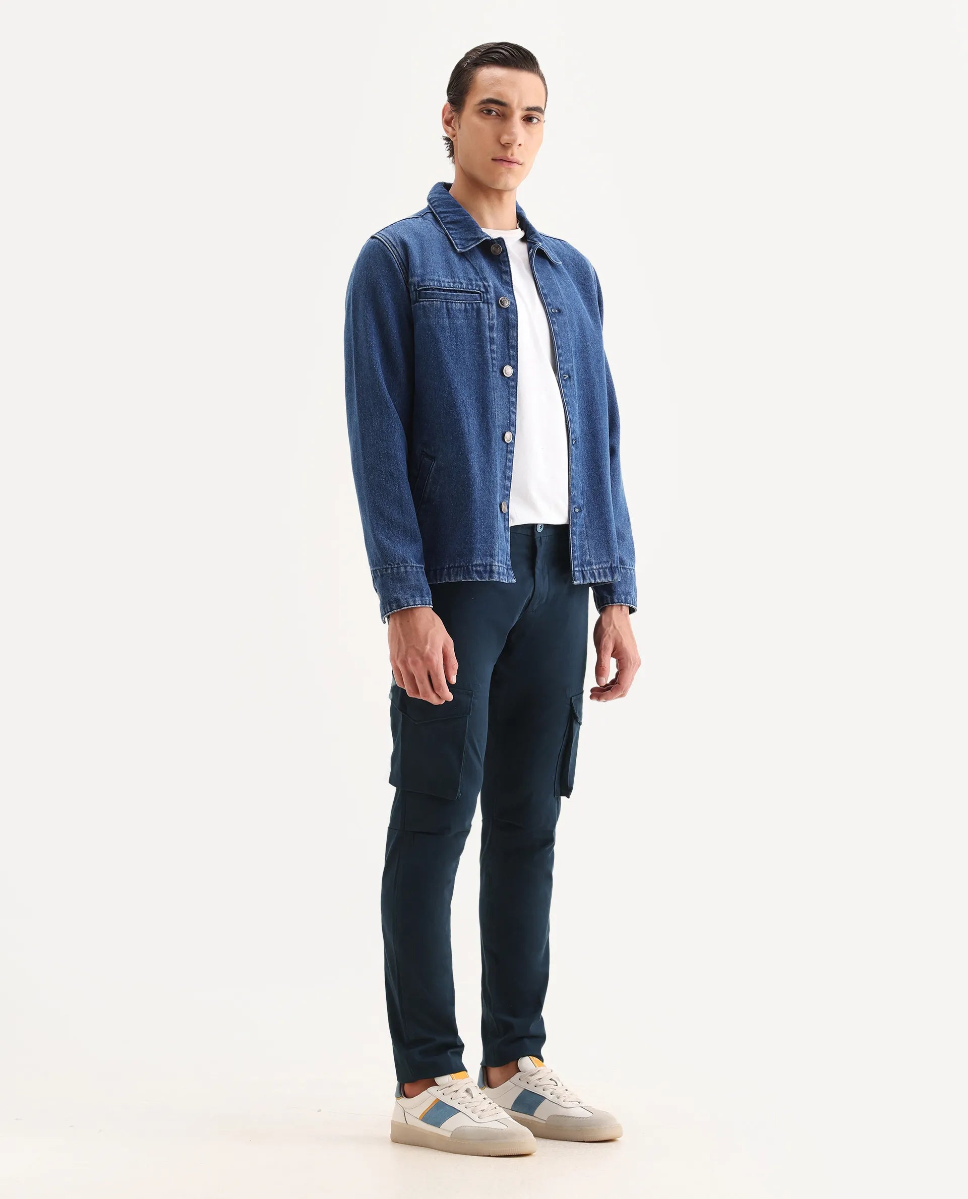 Rare Rabbit Men's Celu Navy Cotton Plain Slim Fit Trouser