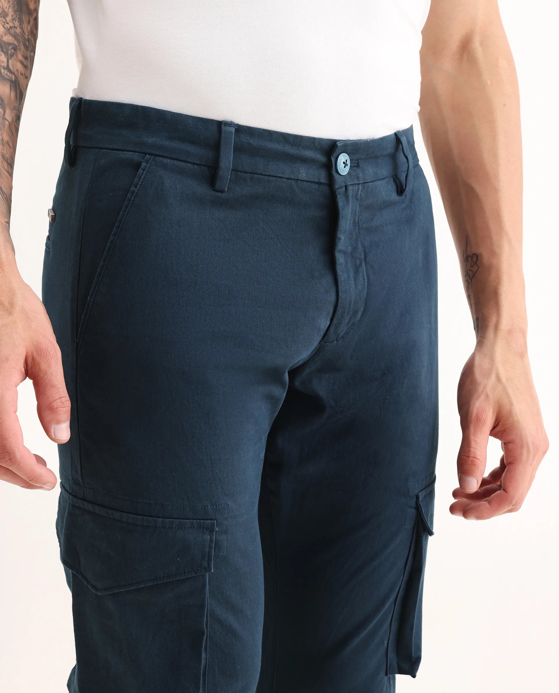 Rare Rabbit Men's Celu Navy Cotton Plain Slim Fit Trouser