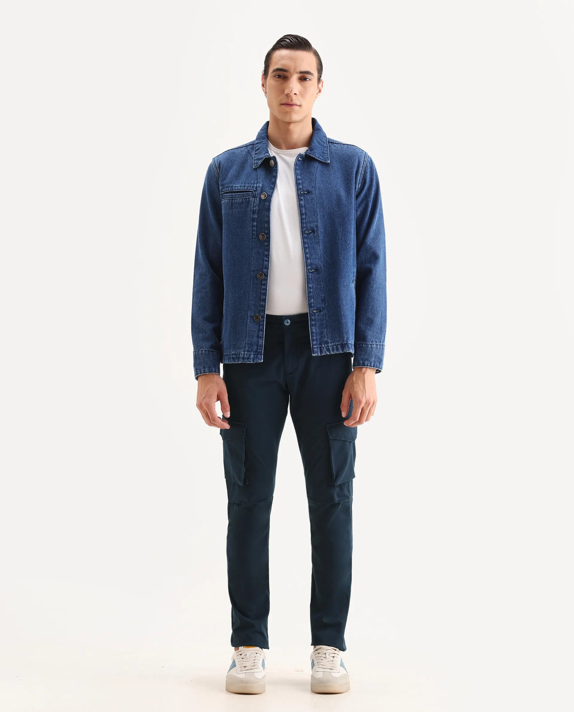 Rare Rabbit Men's Celu Navy Cotton Plain Slim Fit Trouser