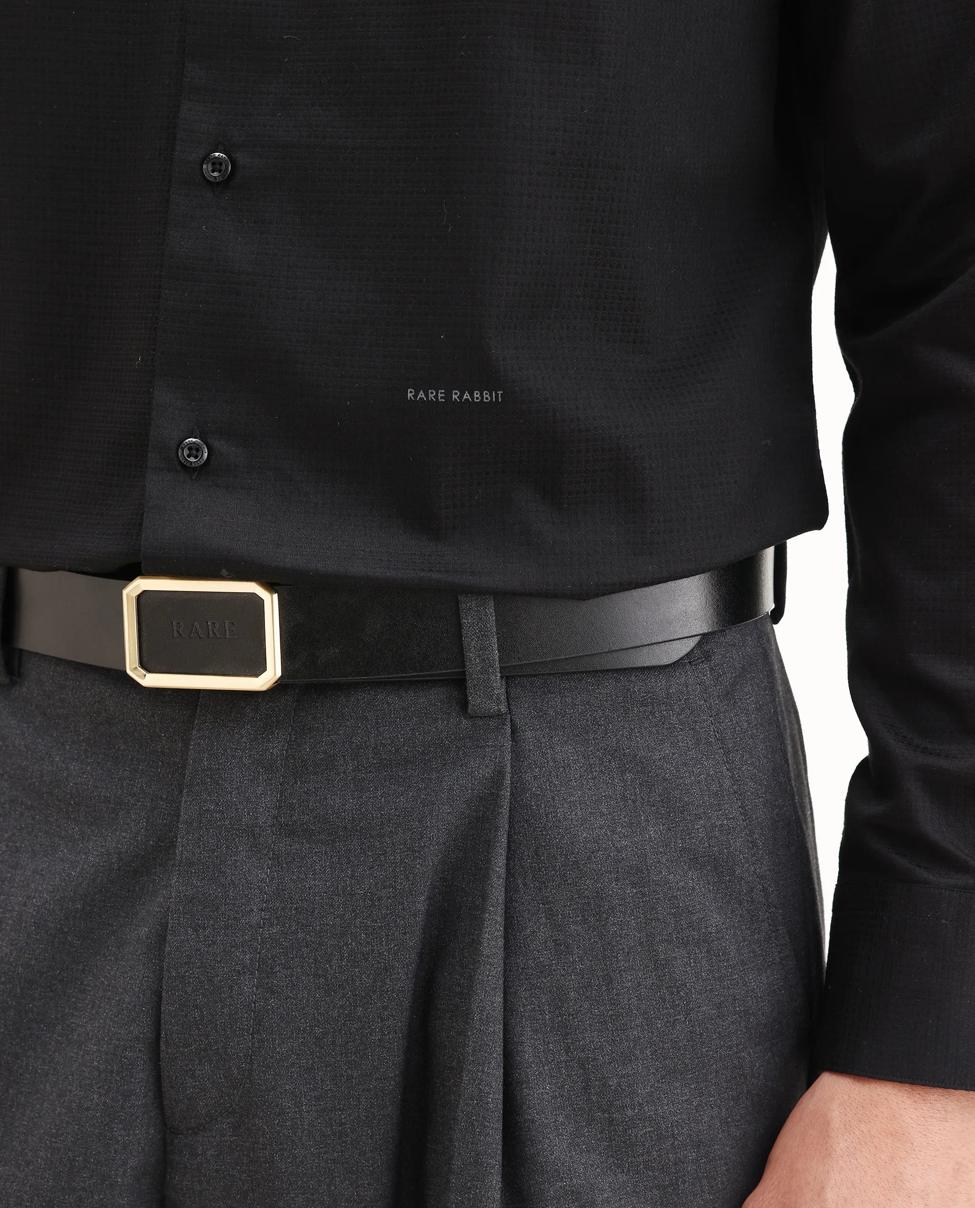 Rare Rabbit Men's Centi-25 Black Cotton Fabric Spread Collar Regular Fit Plain Shirt