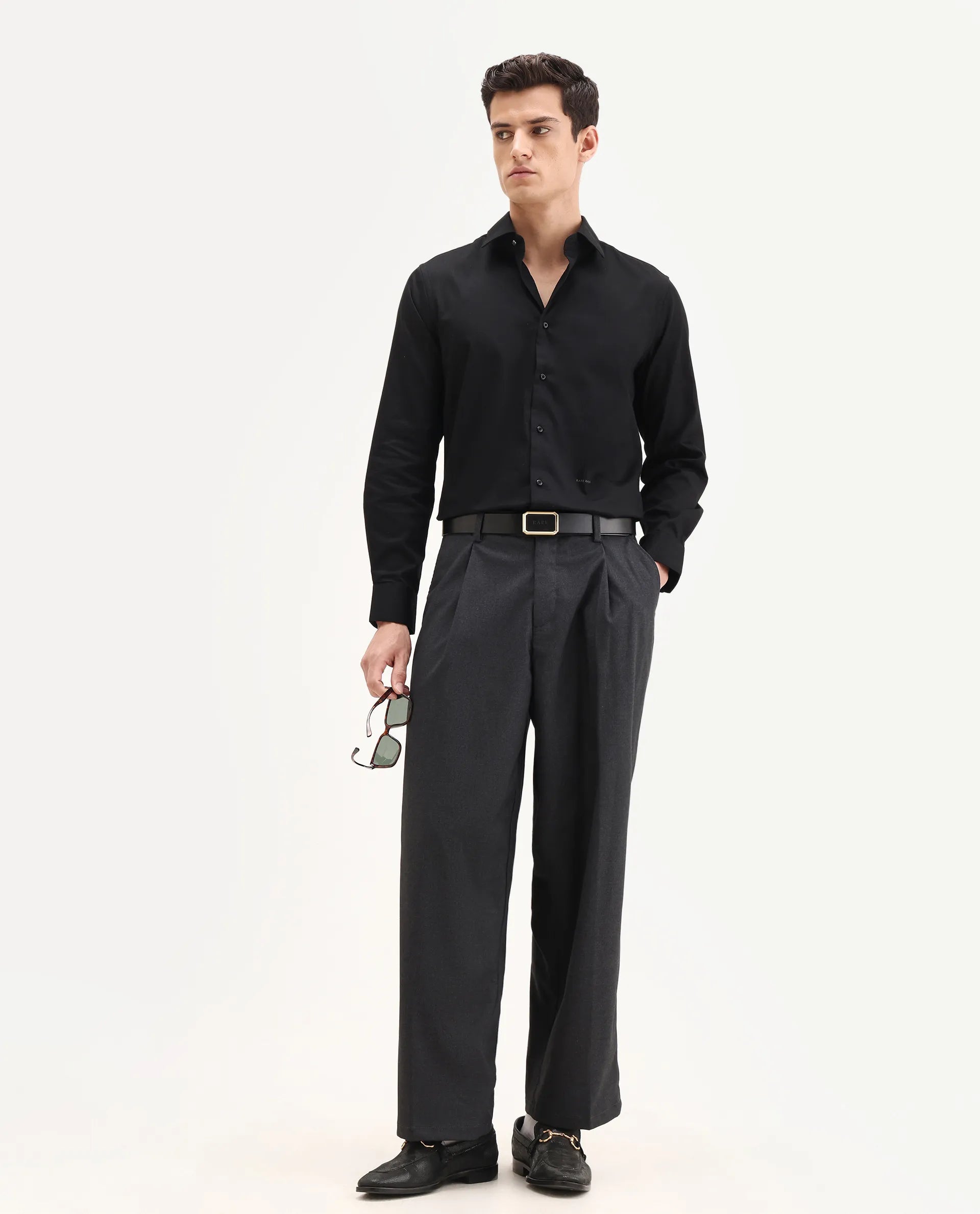 Rare Rabbit Men's Centi-25 Black Cotton Fabric Spread Collar Regular Fit Plain Shirt