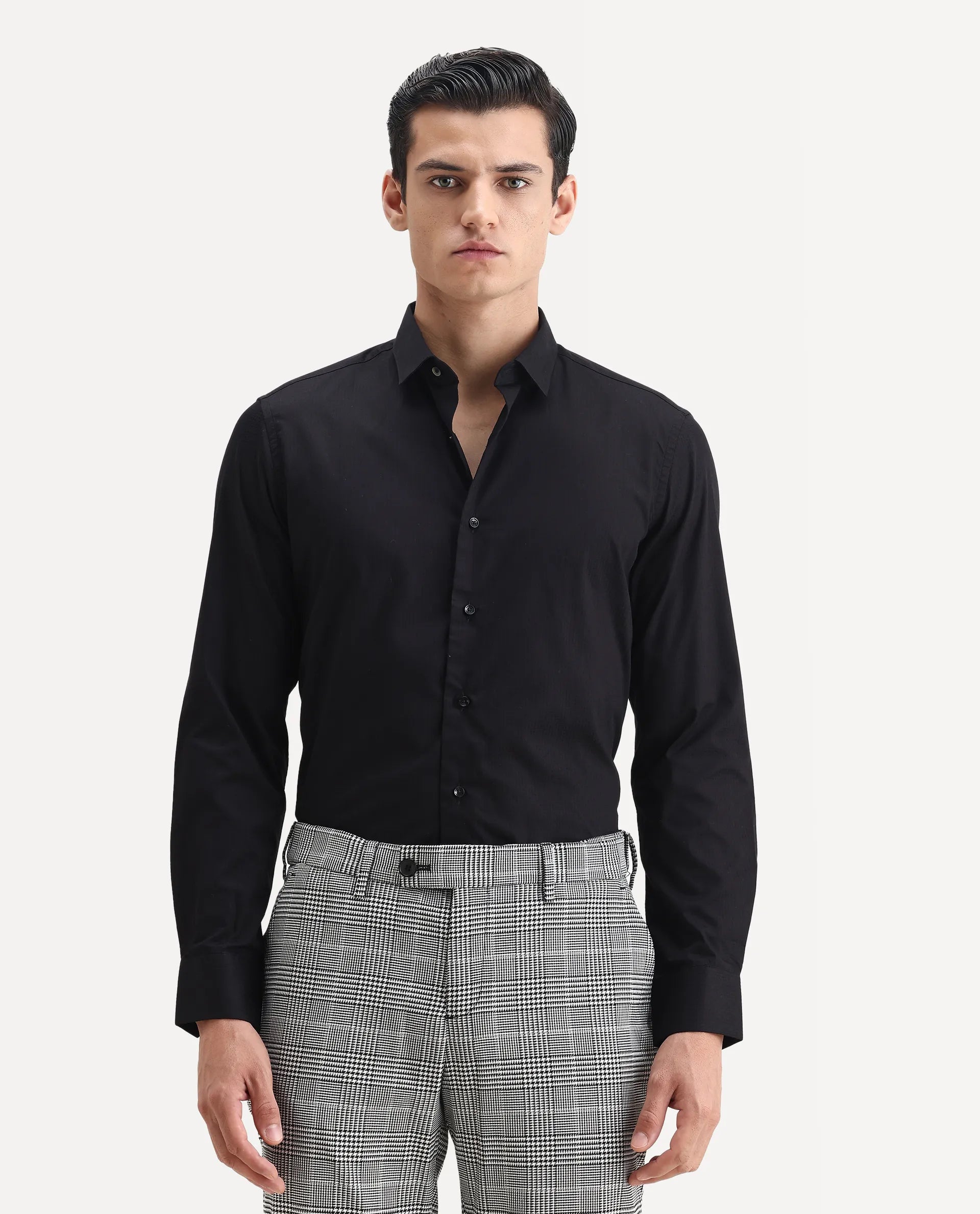 Rare Rabbit Men's Centi Black Cotton Plain Regular Fit Full Sleeve Collared Shirt