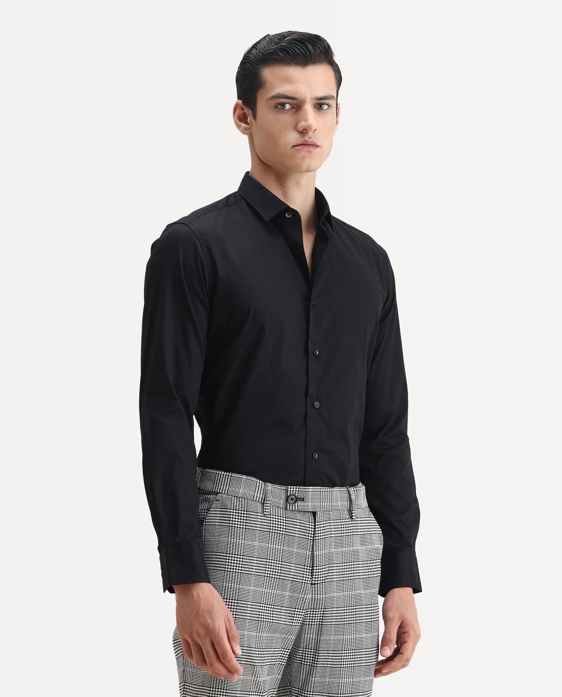 Rare Rabbit Men's Centi Black Cotton Plain Regular Fit Full Sleeve Collared Shirt