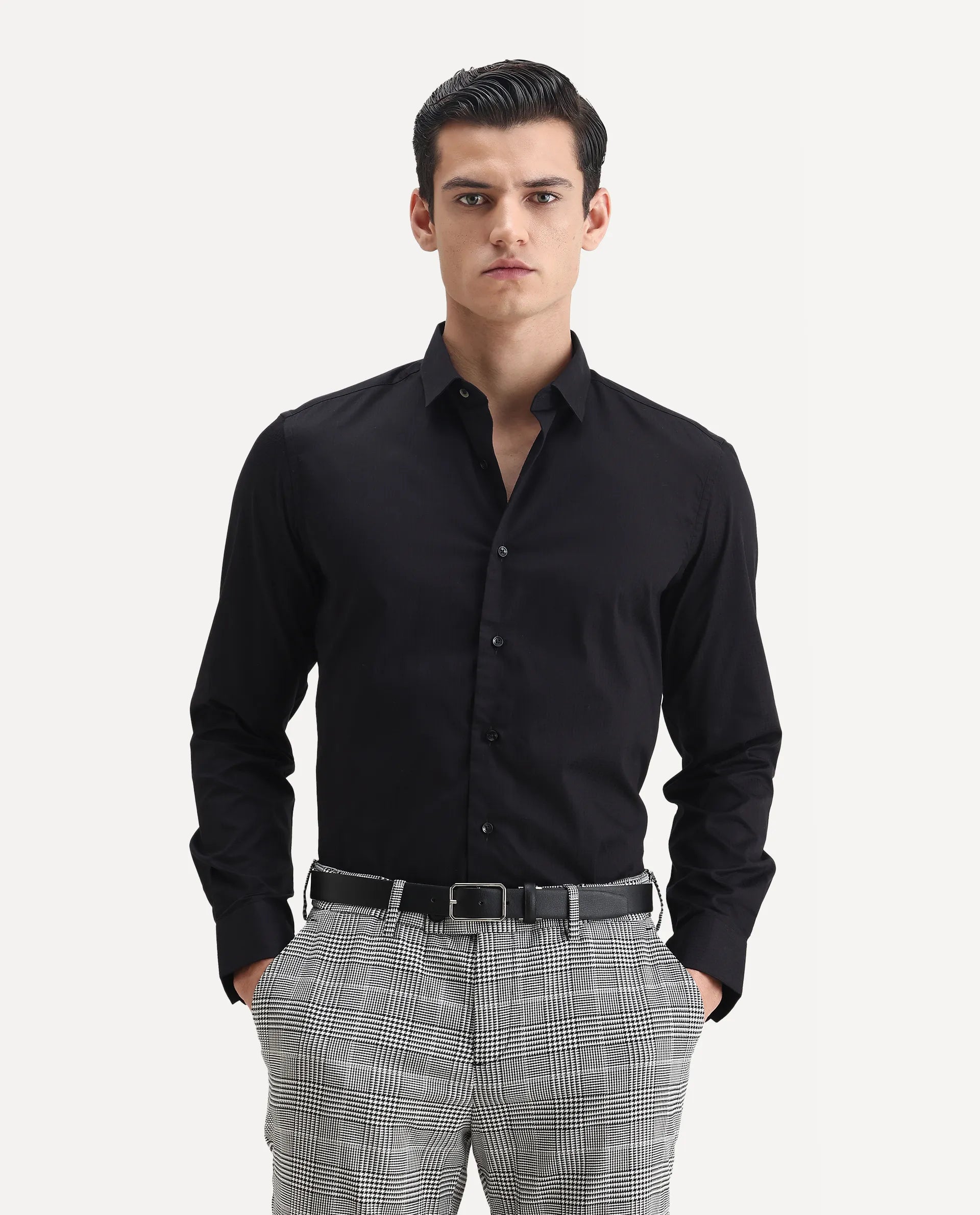 Rare Rabbit Men's Centi Black Cotton Plain Regular Fit Full Sleeve Collared Shirt