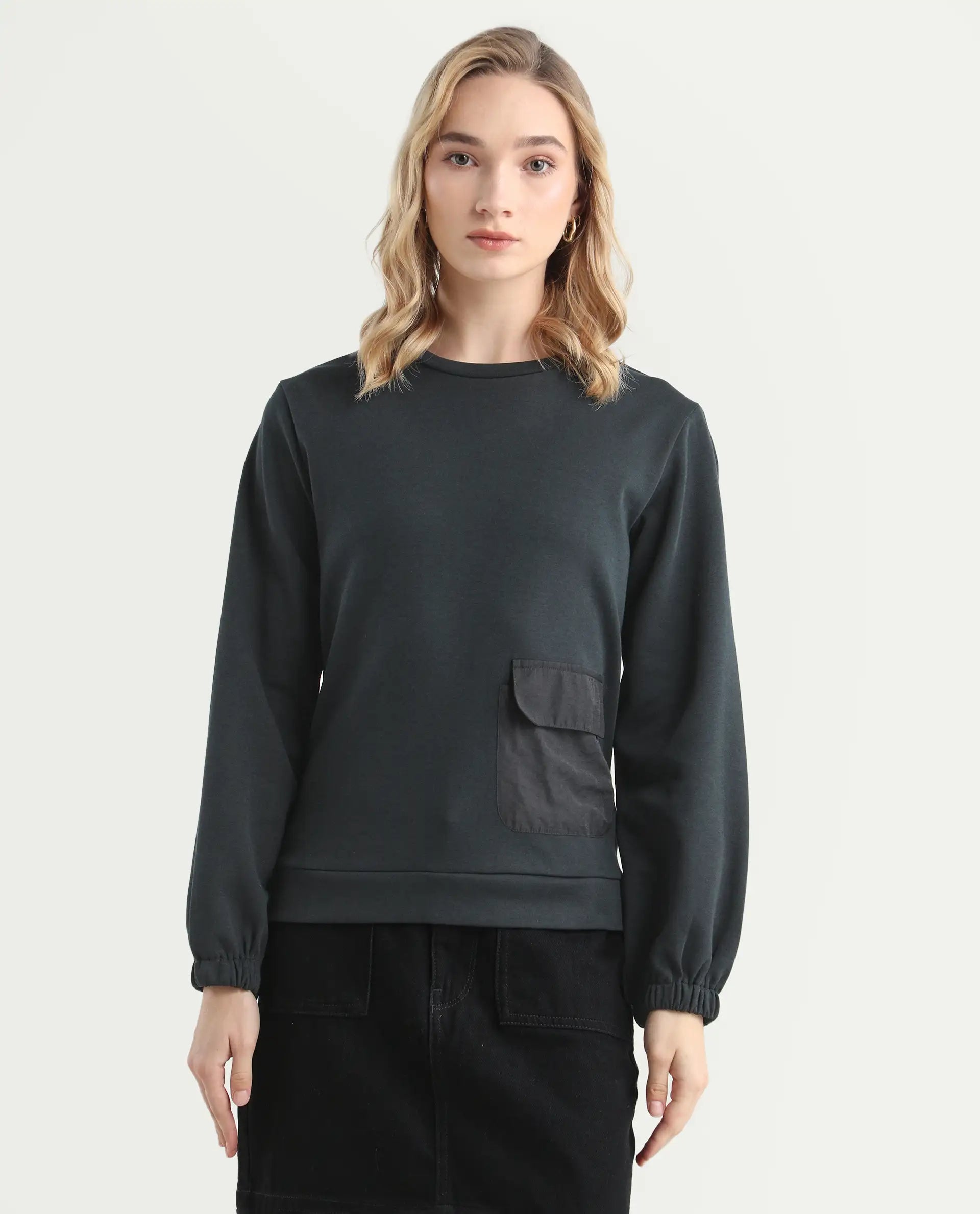 Rareism Women's Century Black Cotton Blend Crew Neck Plain Sleeveless Relaxed Fit Sweatshirt