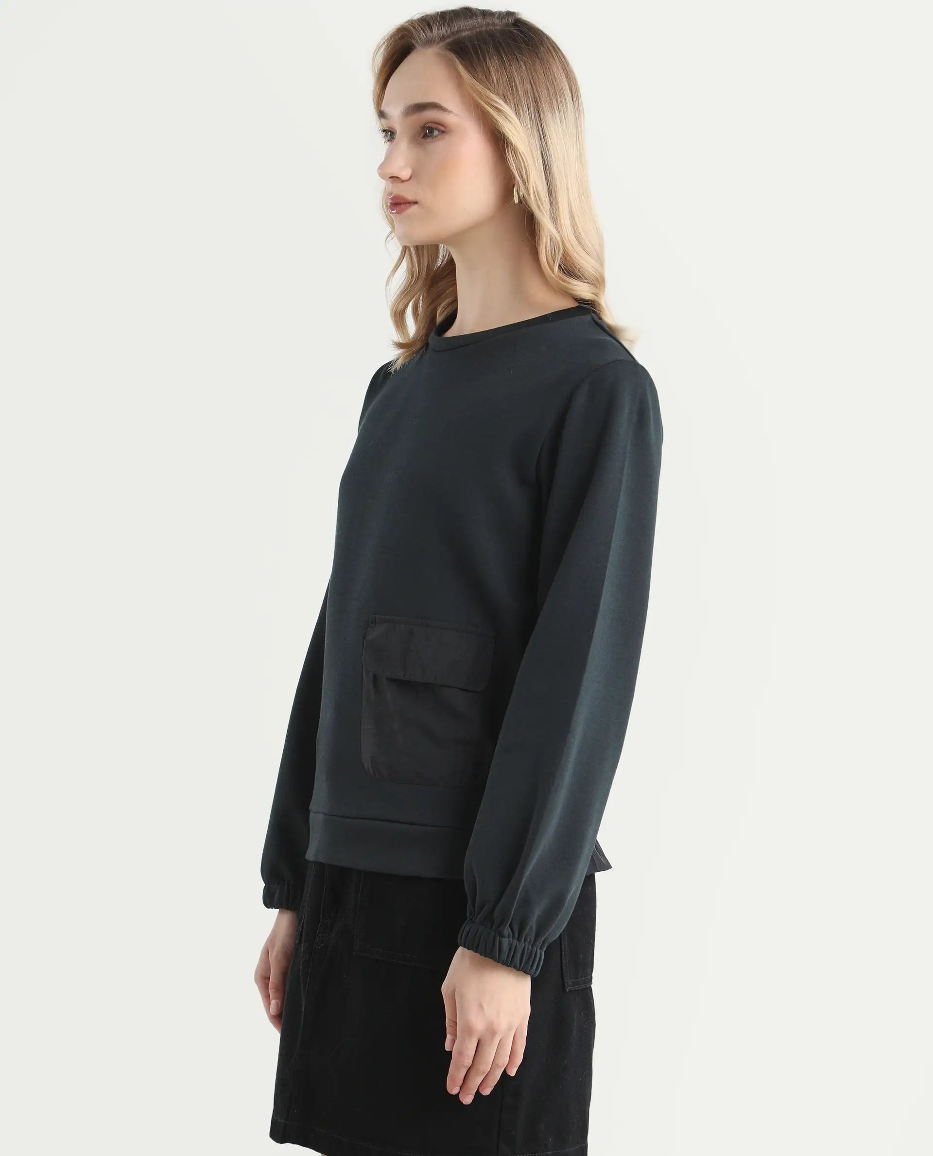 Rareism Women's Century Black Cotton Blend Crew Neck Plain Sleeveless Relaxed Fit Sweatshirt