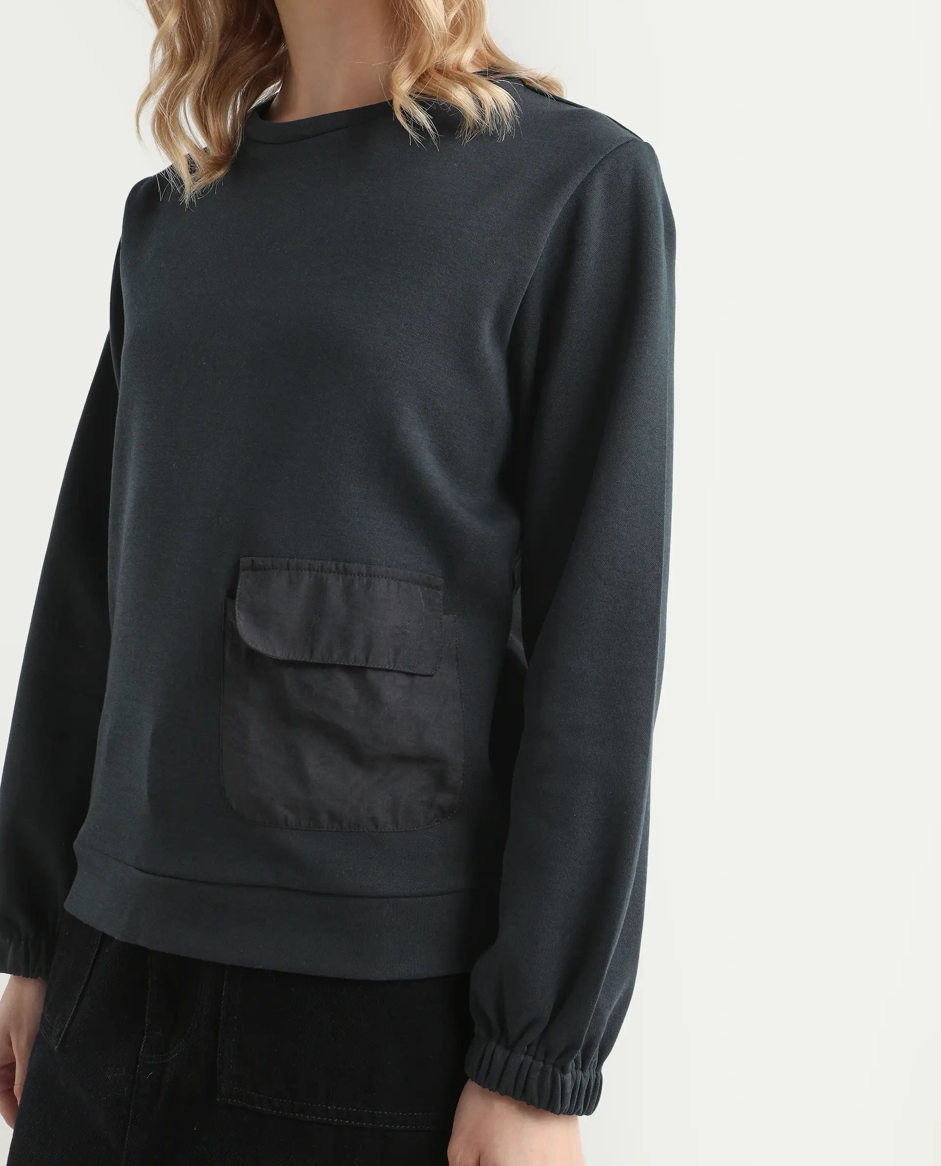 Rareism Women's Century Black Cotton Blend Crew Neck Plain Sleeveless Relaxed Fit Sweatshirt