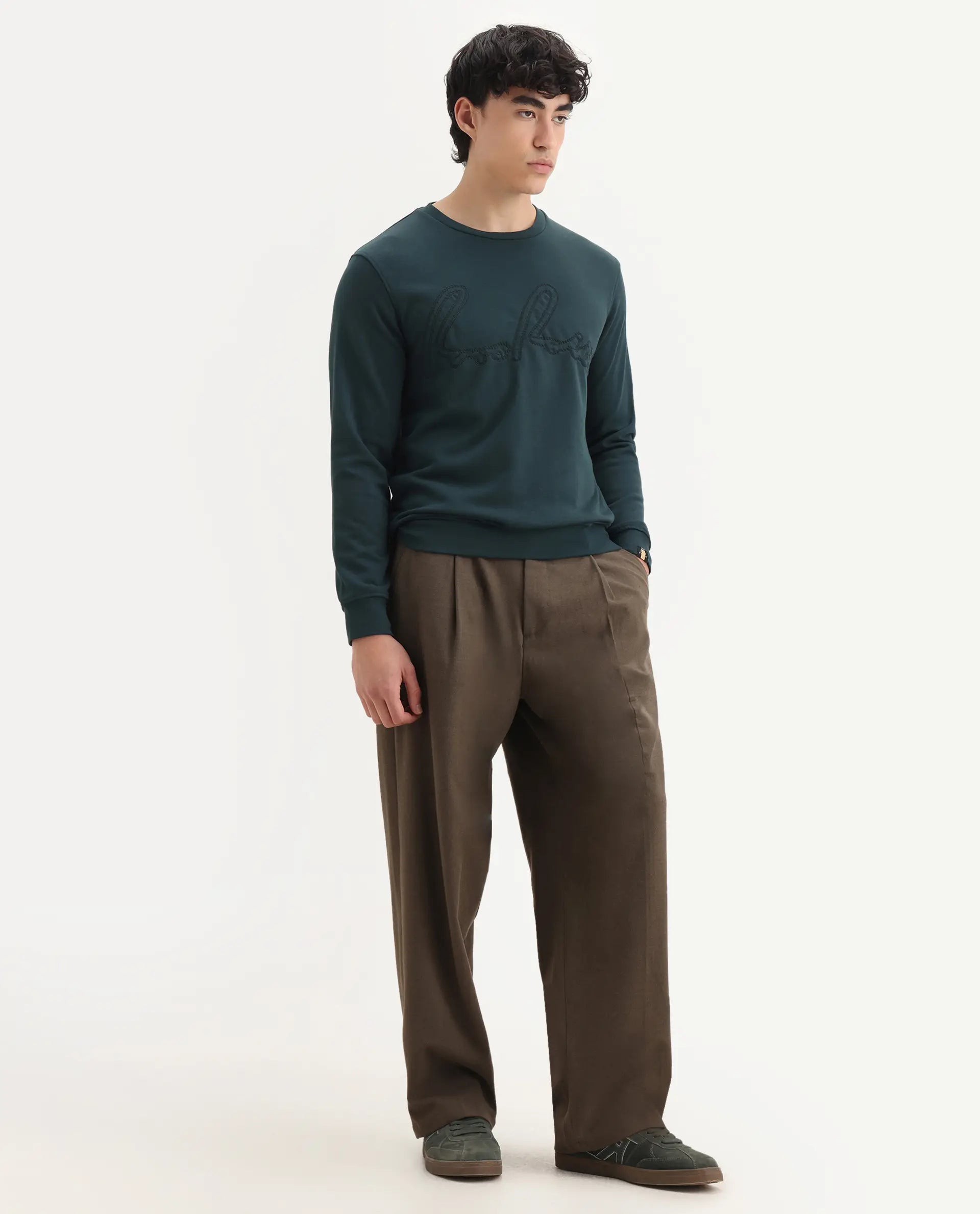 Rare Rabbit Men's Cerdo Dark Green Cotton Embroidered Regular Fit Full Sleeve Crew Neck Sweatshirt