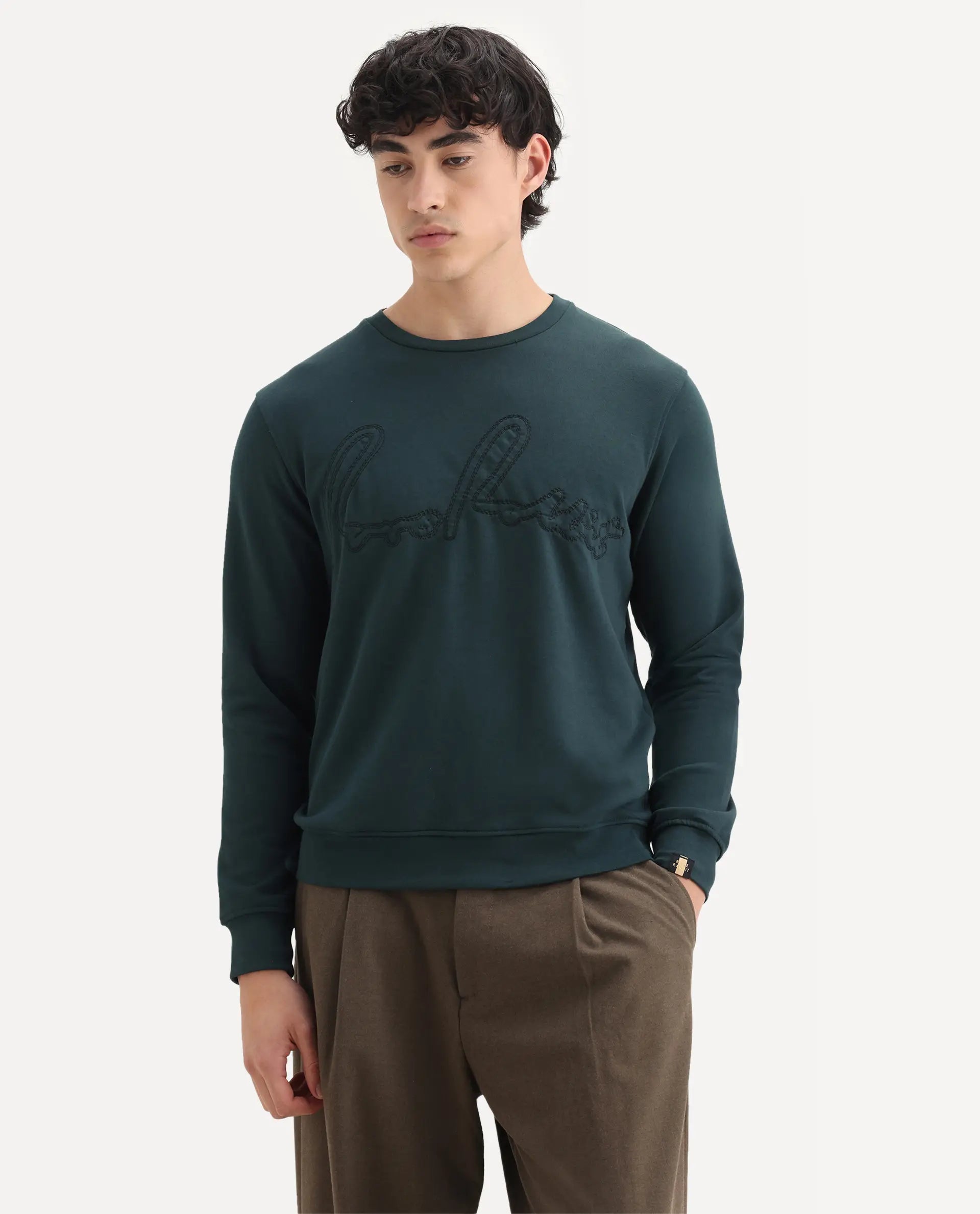 Rare Rabbit Men's Cerdo Dark Green Cotton Embroidered Regular Fit Full Sleeve Crew Neck Sweatshirt