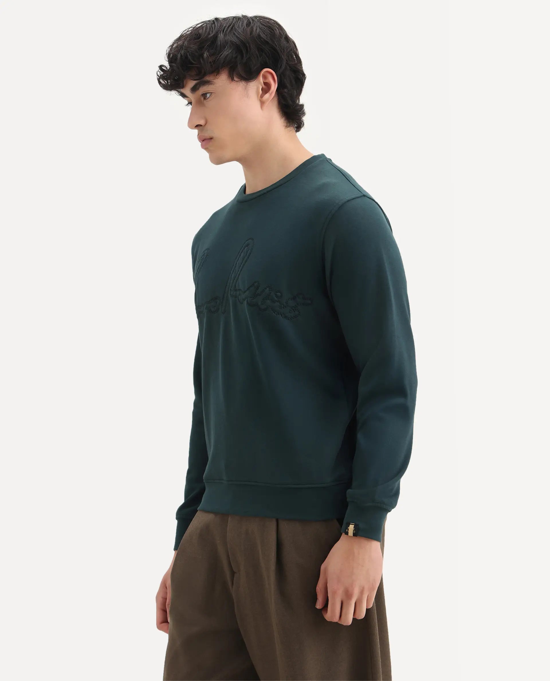 Rare Rabbit Men's Cerdo Dark Green Cotton Embroidered Regular Fit Full Sleeve Crew Neck Sweatshirt
