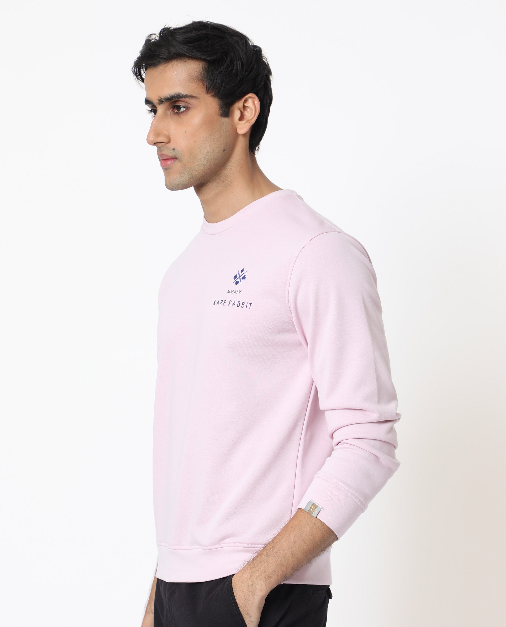 Rare Rabbit Men's Cerdon Light Pink Cotton Polyester Fabric Full Sleeves Graphic Branding Print Knitted Sweatshirt