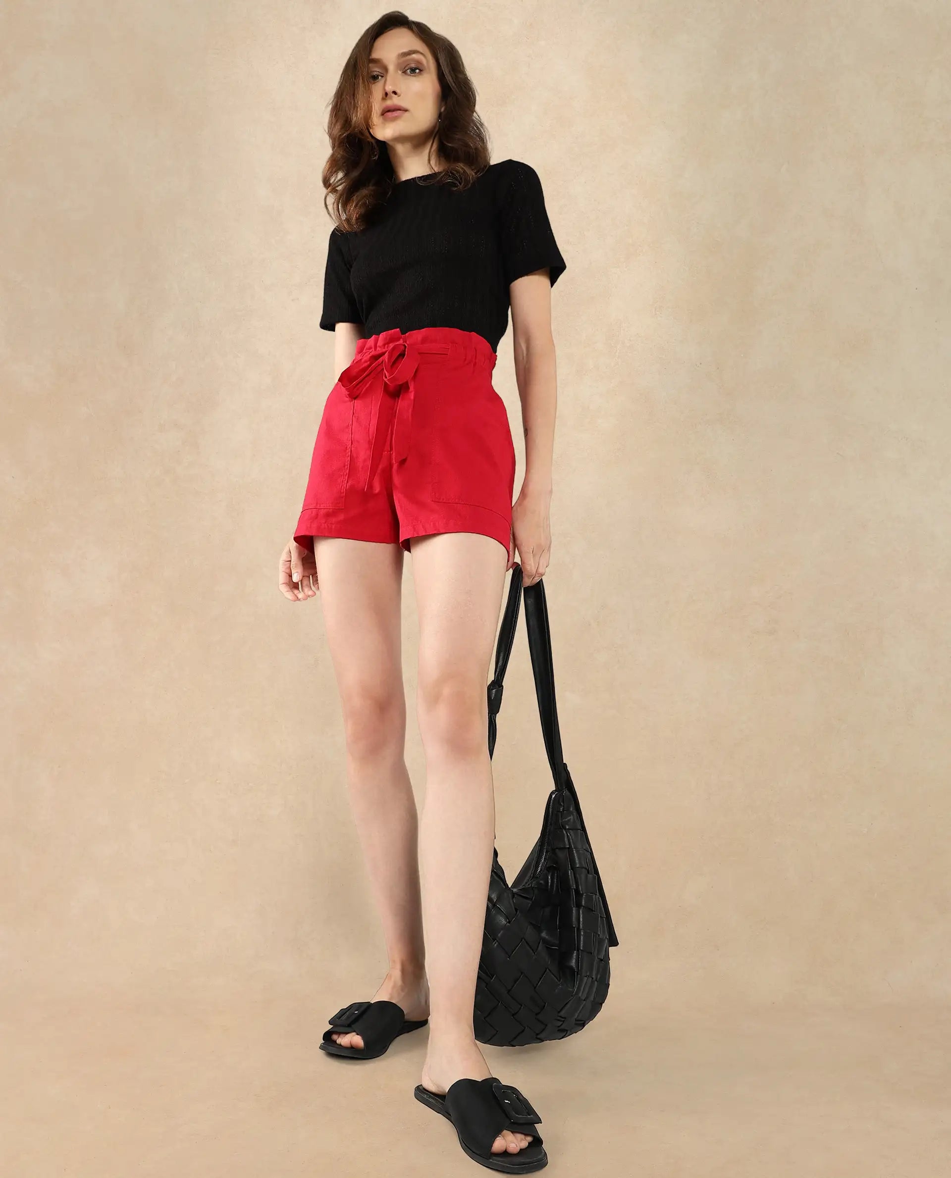 Rareism Women Cerig Red Cotton Fabric Loop Plain Mini Shorts