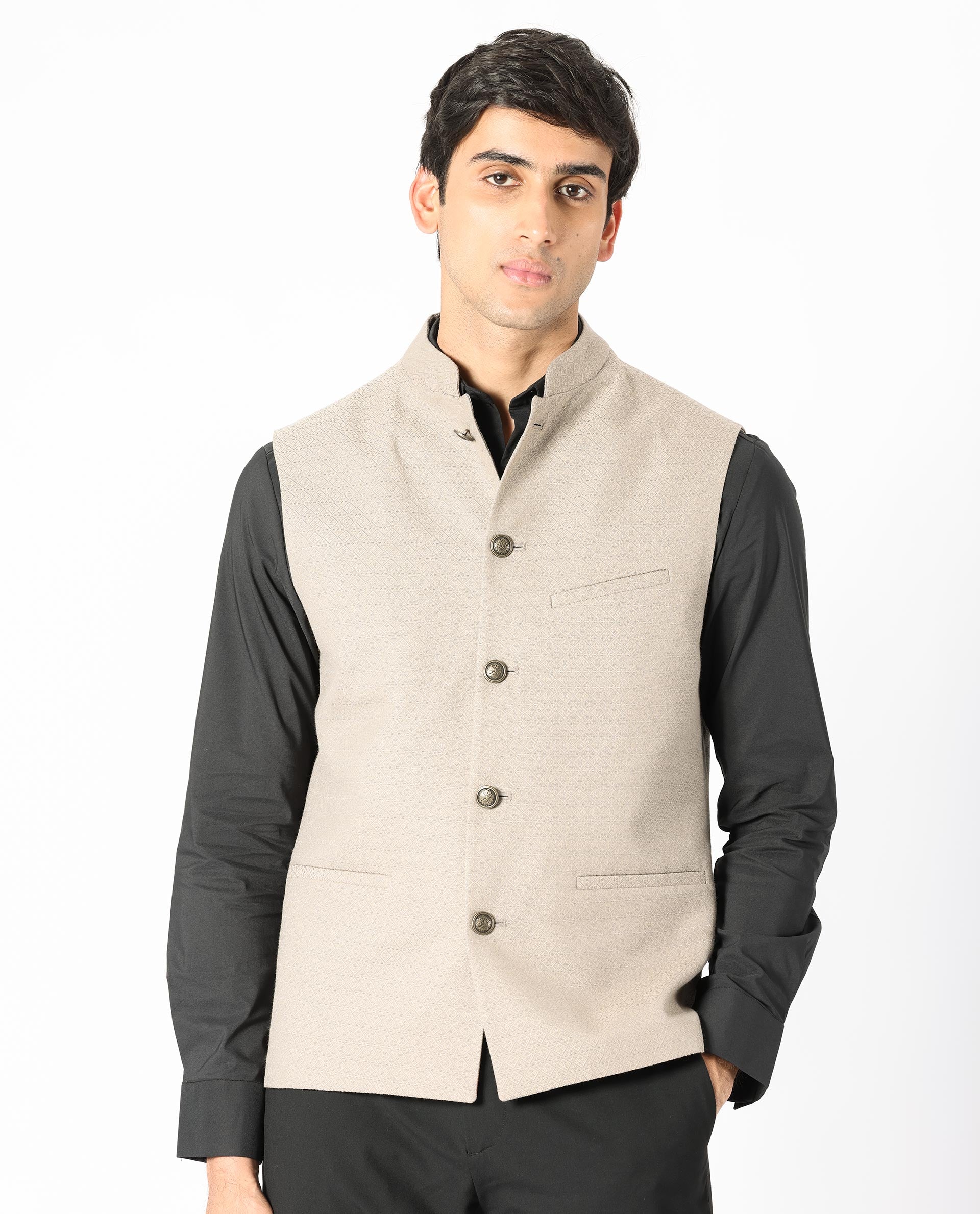 Rare Rabbit Men's Cerny Dark Beige Mandarin Collar Tailored Fit Geometric Jacquard Bandi