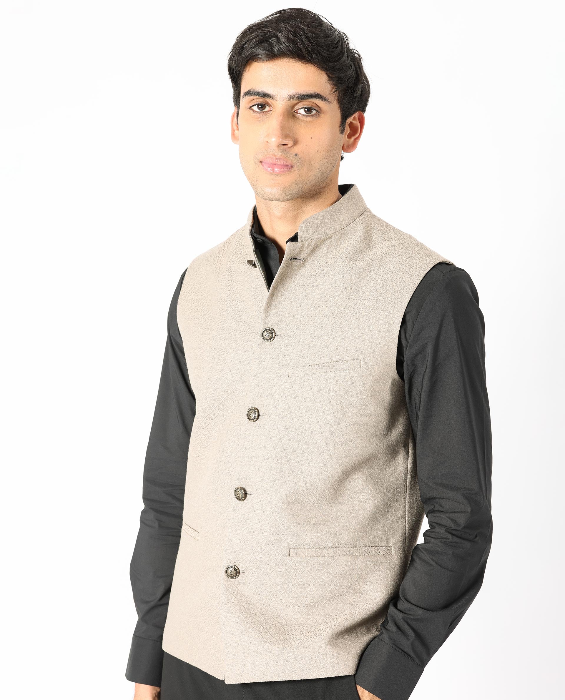 Rare Rabbit Men's Cerny Dark Beige Mandarin Collar Tailored Fit Geometric Jacquard Bandi