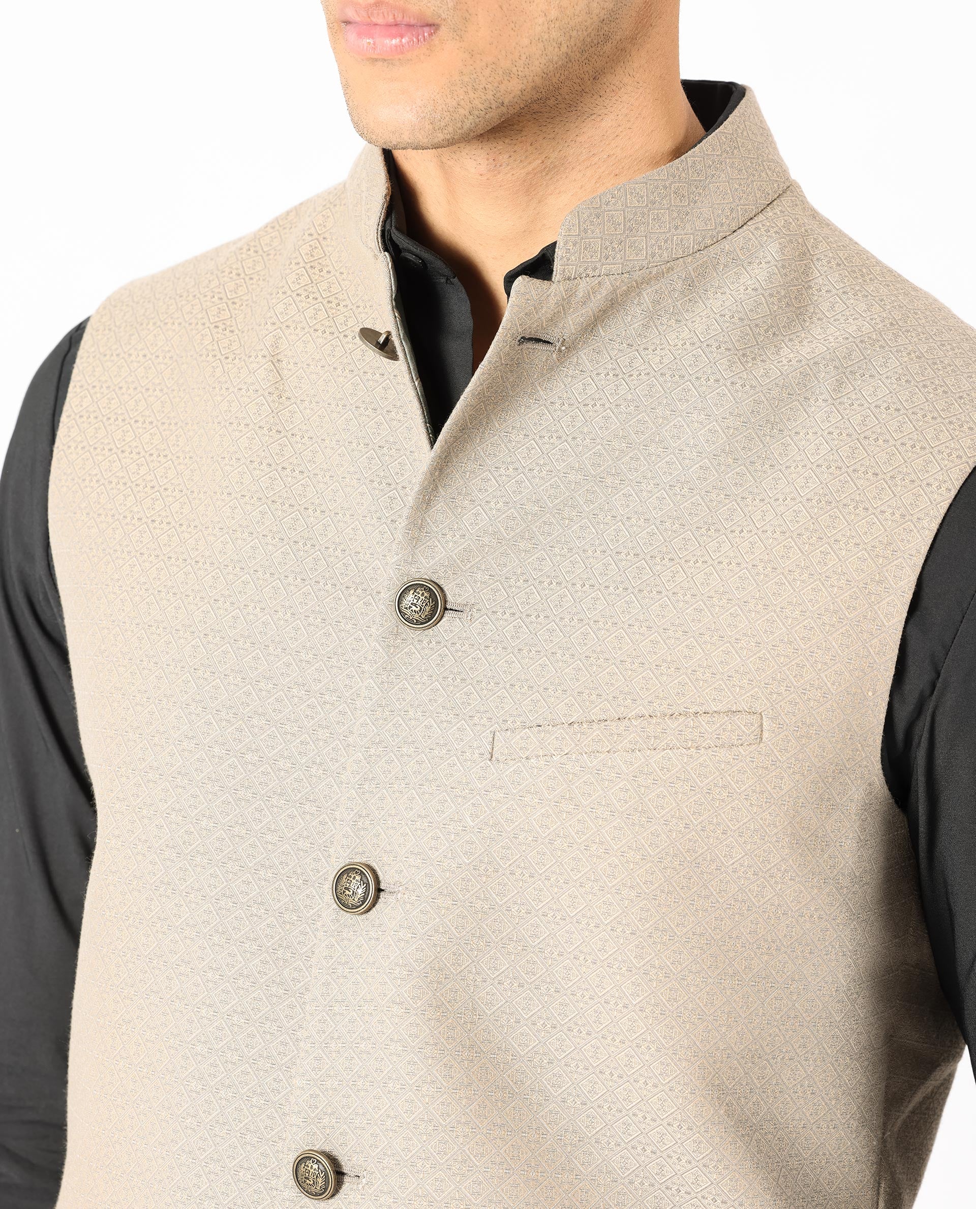 Rare Rabbit Men's Cerny Dark Beige Mandarin Collar Tailored Fit Geometric Jacquard Bandi