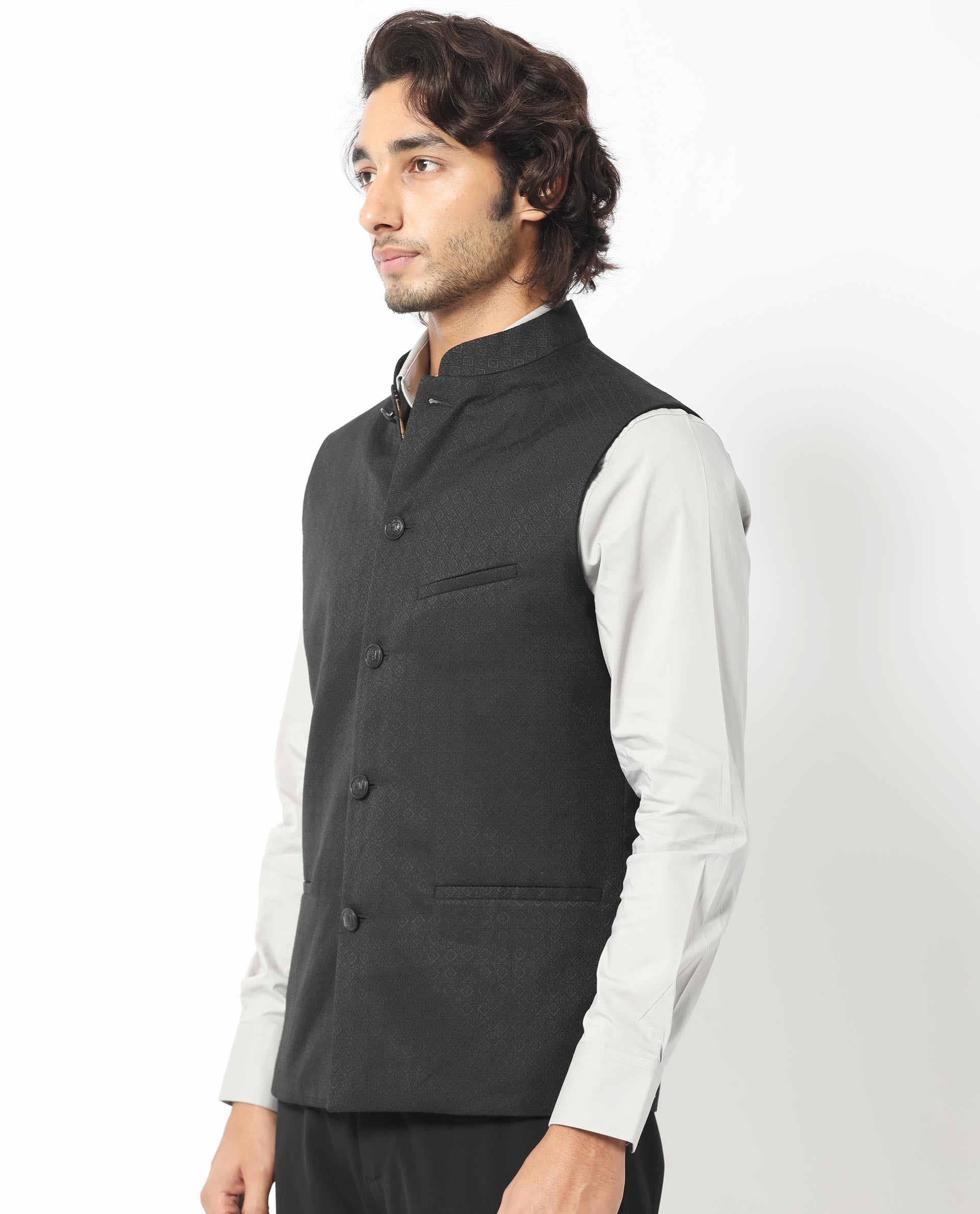 Rare Rabbit Men's Cerny Black Mandarin Collar Tailored Fit Geometric Jacquard Bandi